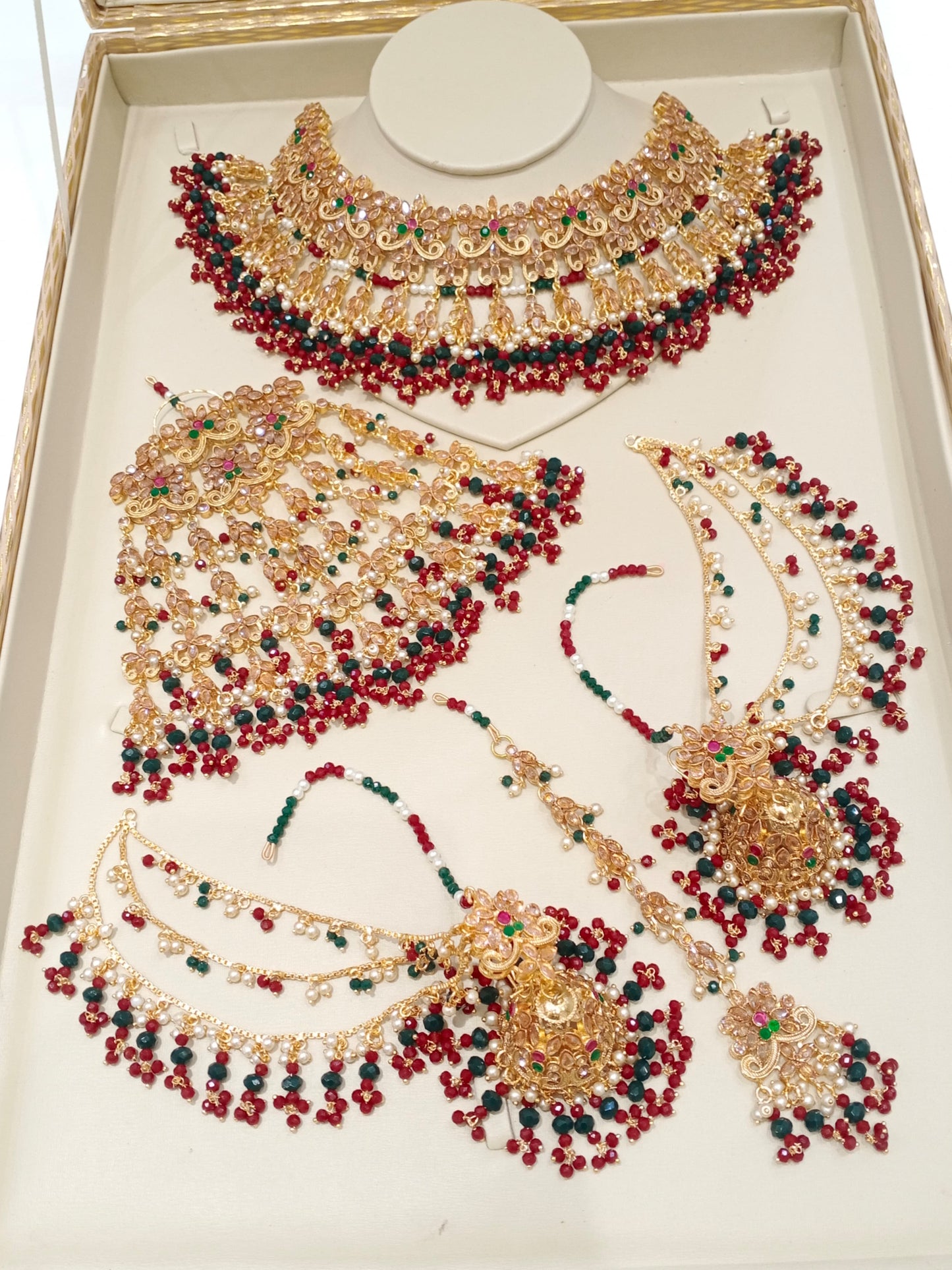 NUR - Heavy Bridal set includes: Necklace, Jhumar, Jhumke & Tikka | available in 3 Colours