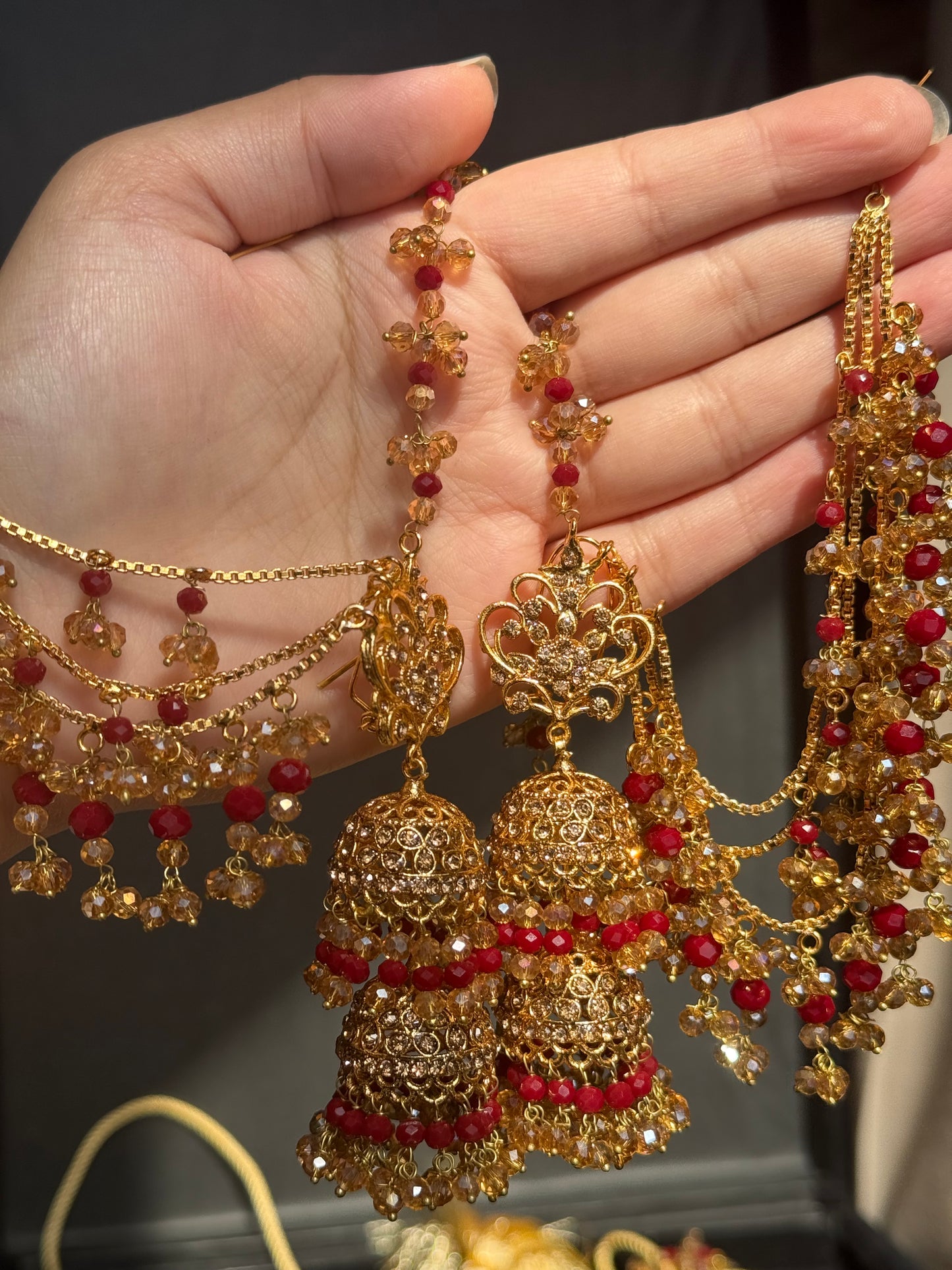 MEHMAL - Heavy Bridal set | includes: Necklace with jhumar, jhumke and Tikka | Red Bridal set