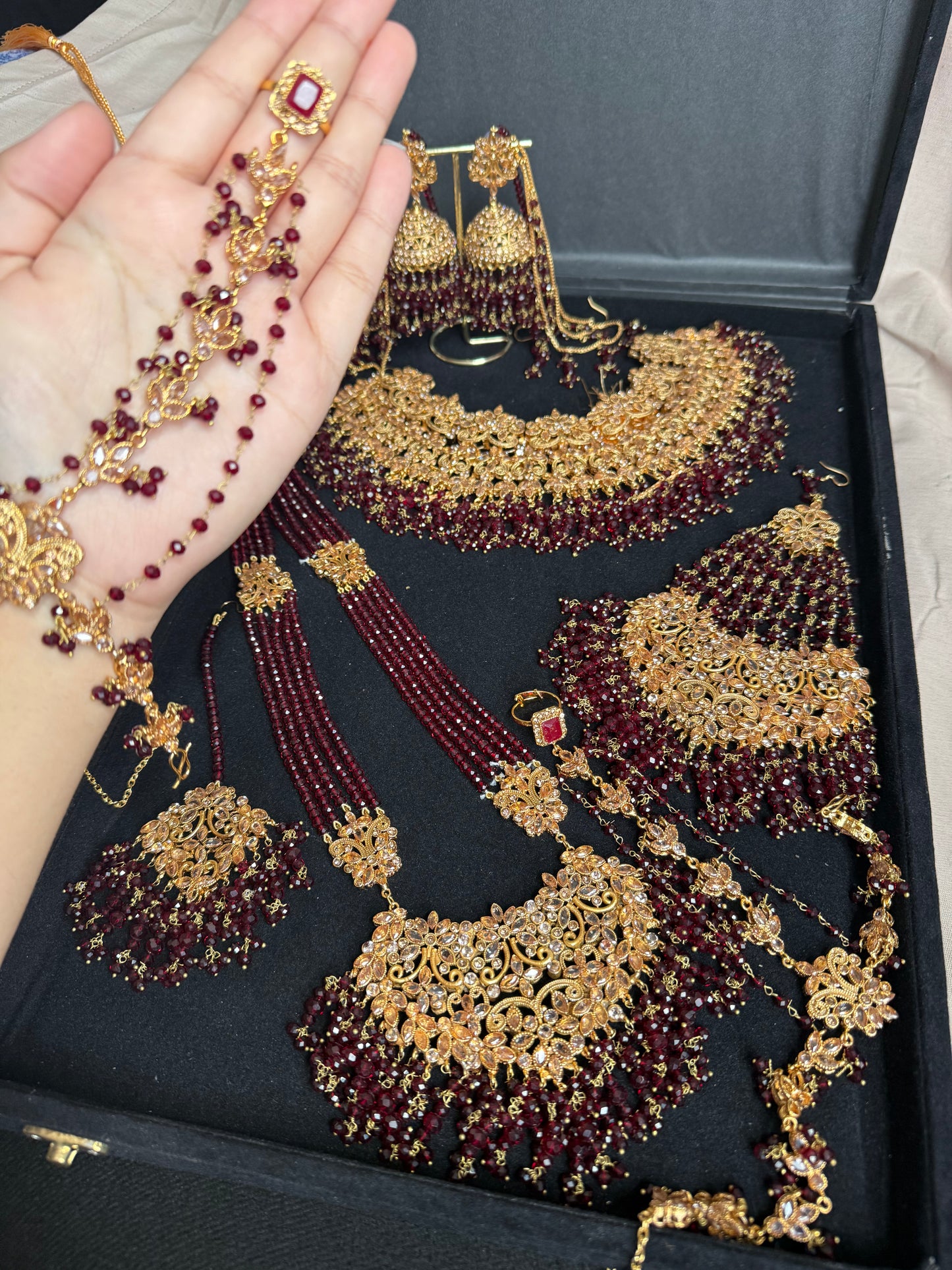 MAYA - Bridal set | includes Necklace with Mala, 2x hand pieces, Jhumar, Jhumke, Tikka and a FREE nose ring | for customisation DM us!