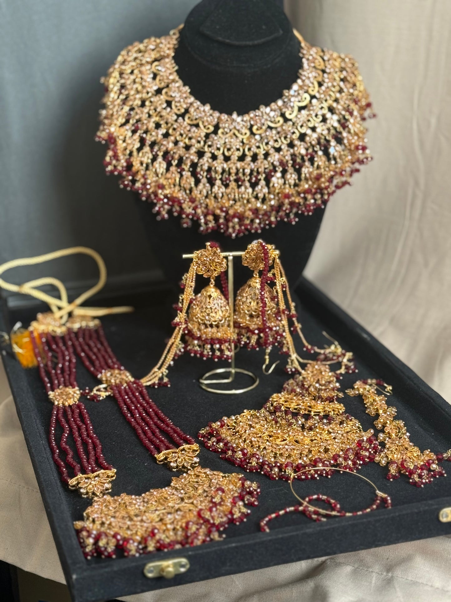 SANWAL - 6 Pieces set | includes: Mala, Necklace, Jhumar, Jhumke, Tikka & Nose ring | available in Maroon Gold colour