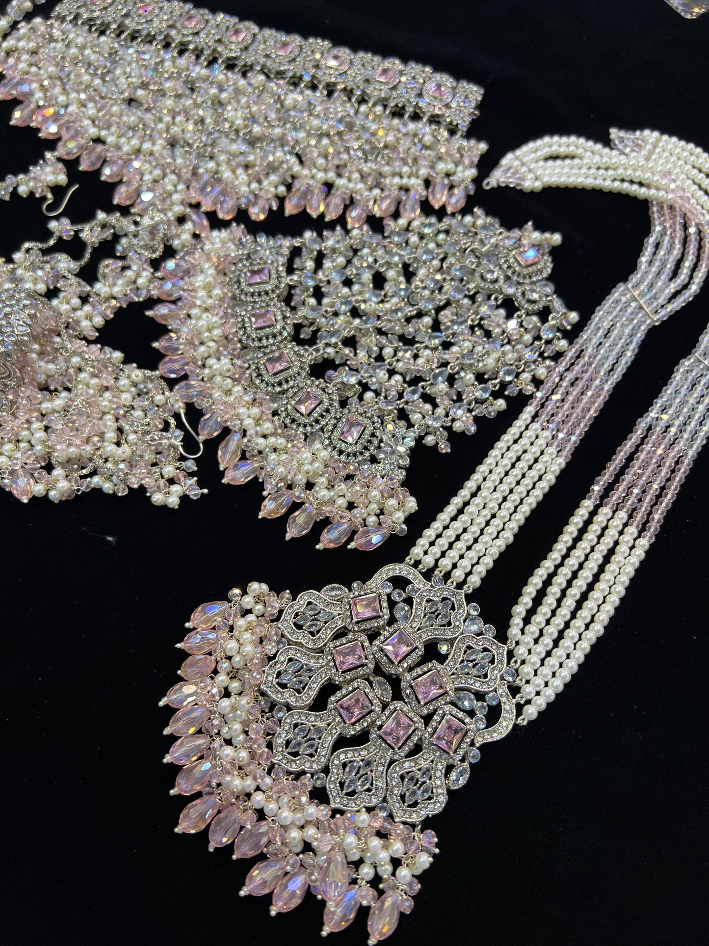 NISA - 5 Pieces set | Heavy Bridal set Inlcudes: Mala, Choker, Jhumar, Jhumke & Tikka | Baby pink on silver base