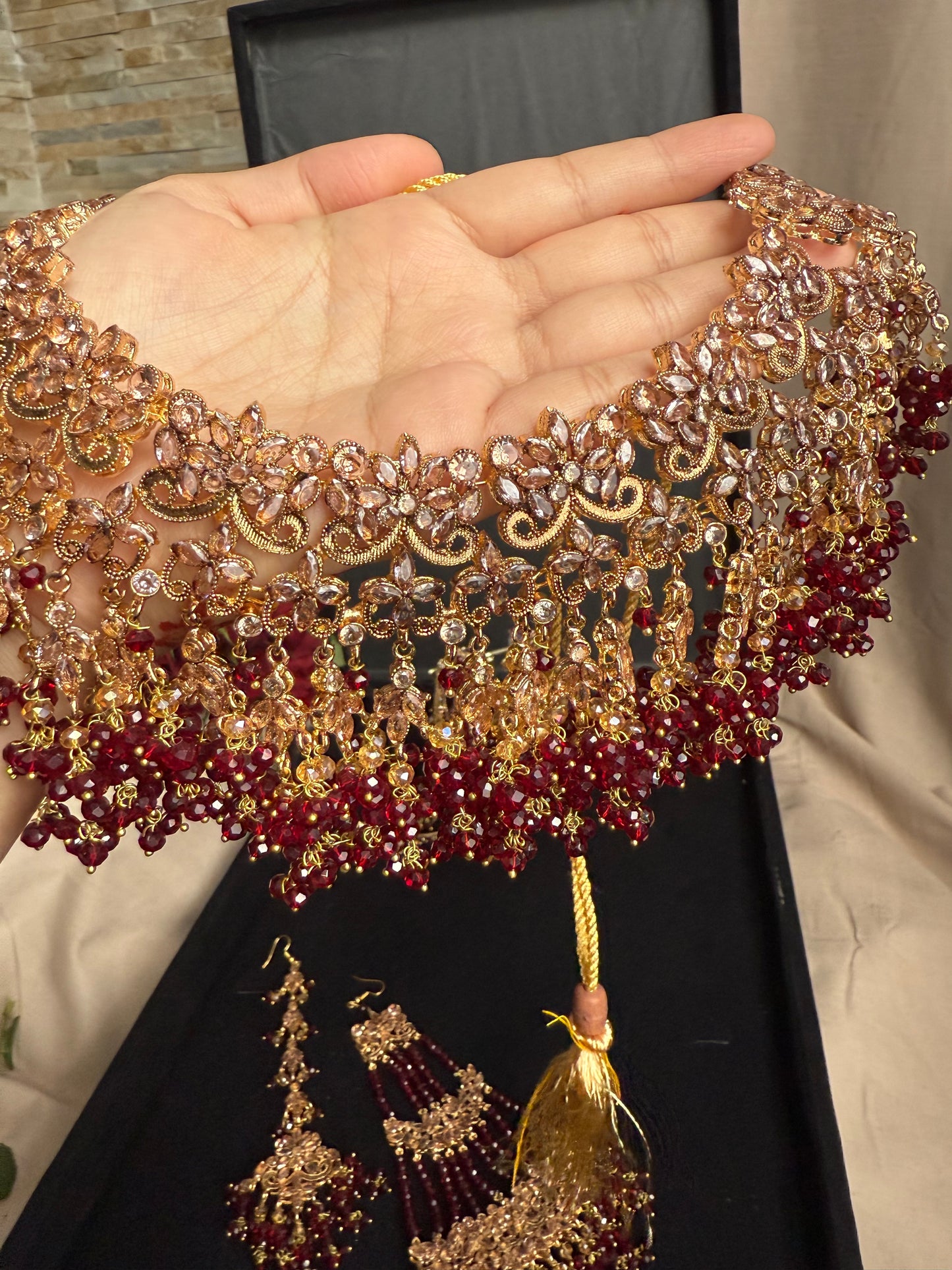 SAIYARA - Bridal set | includes Necklace with jhumar, jhumke, tikka and nose ring. Pakistani bridal jewellery