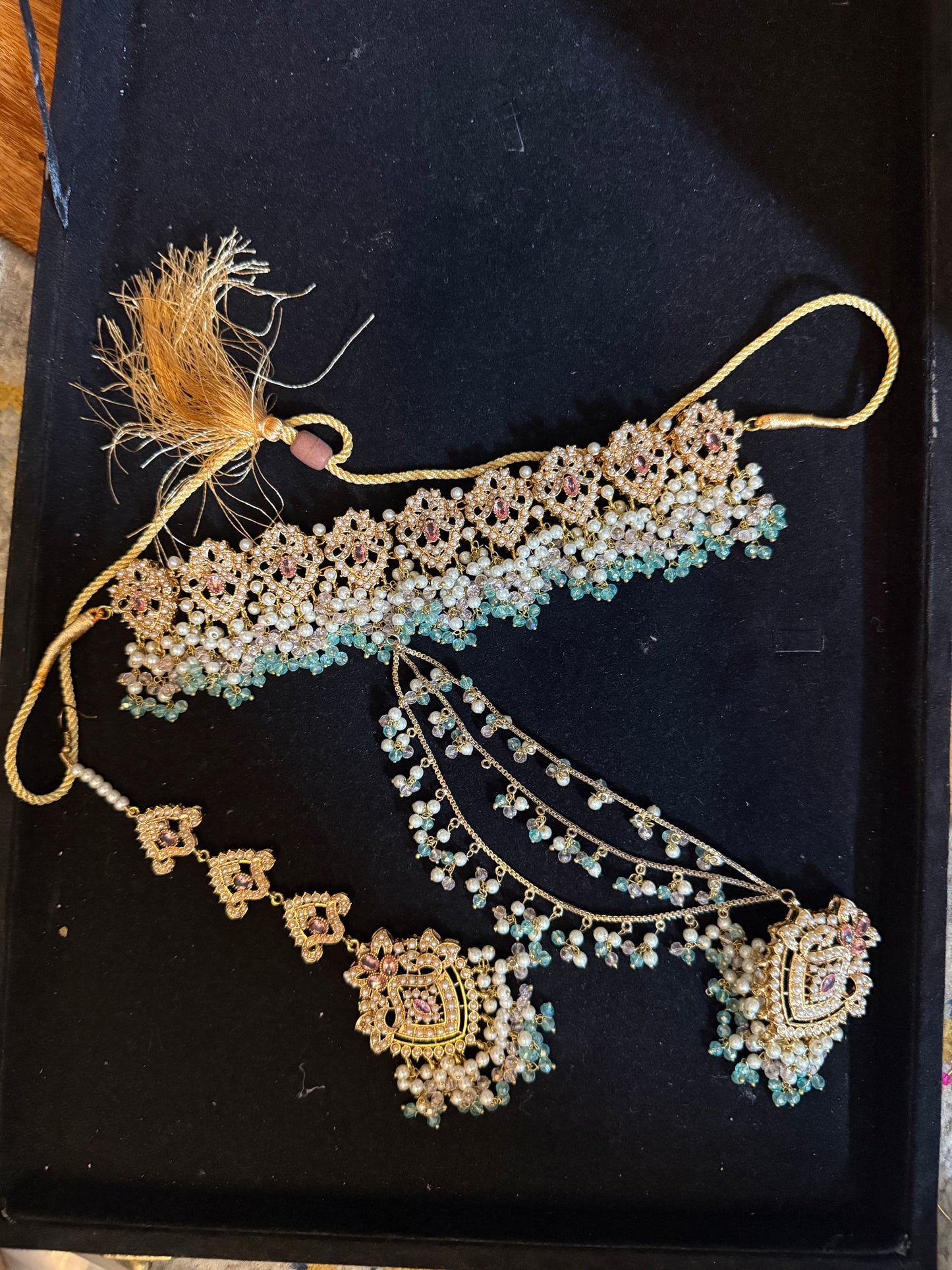 HAWA - Choker set with sahara earrings & tikka | mint baby pink combo