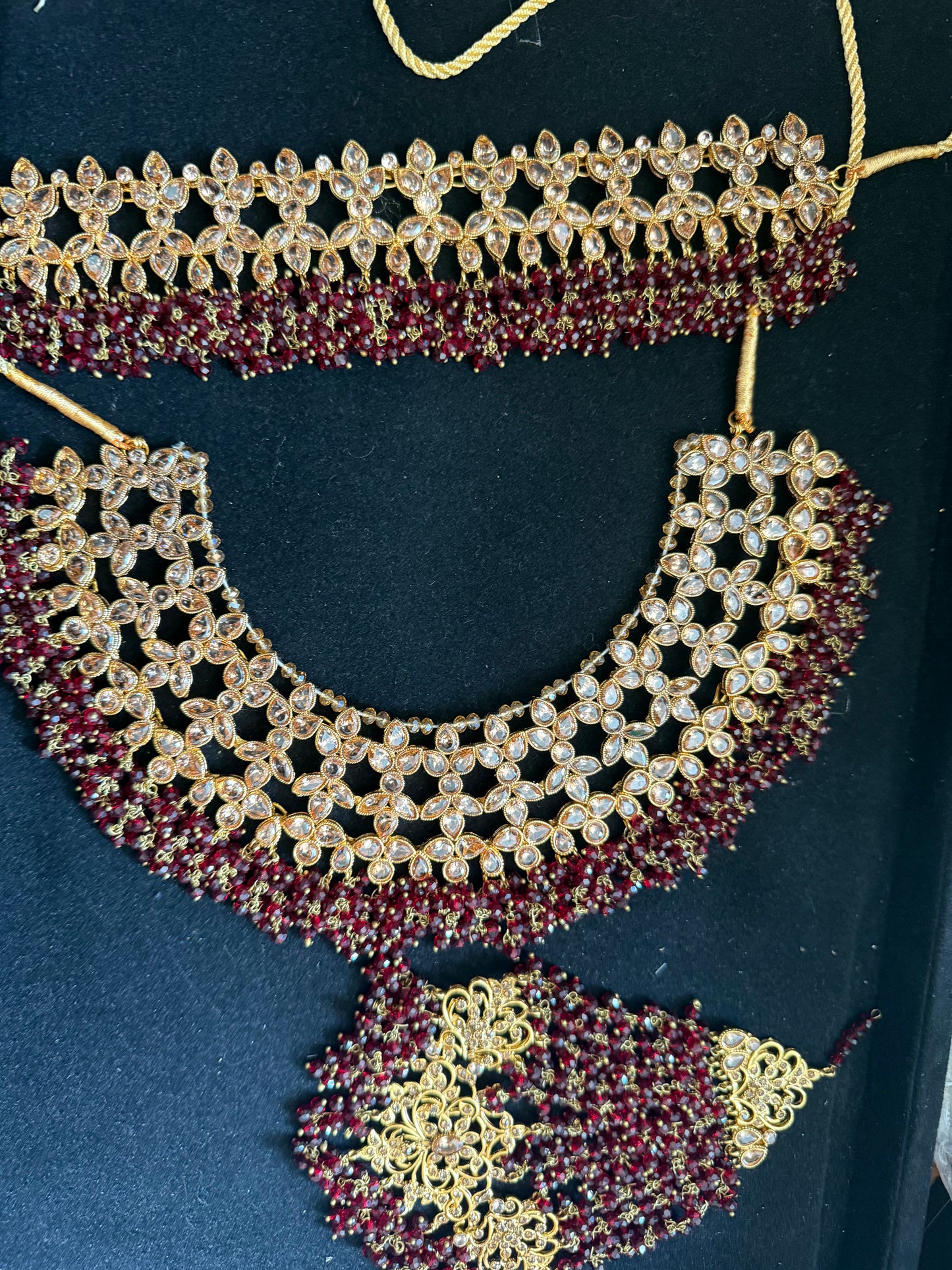 JANNAT - Heavy Bridal set | includes: choker, Necklace, jhumar, Jhumke and Tikka | Maroon colour available