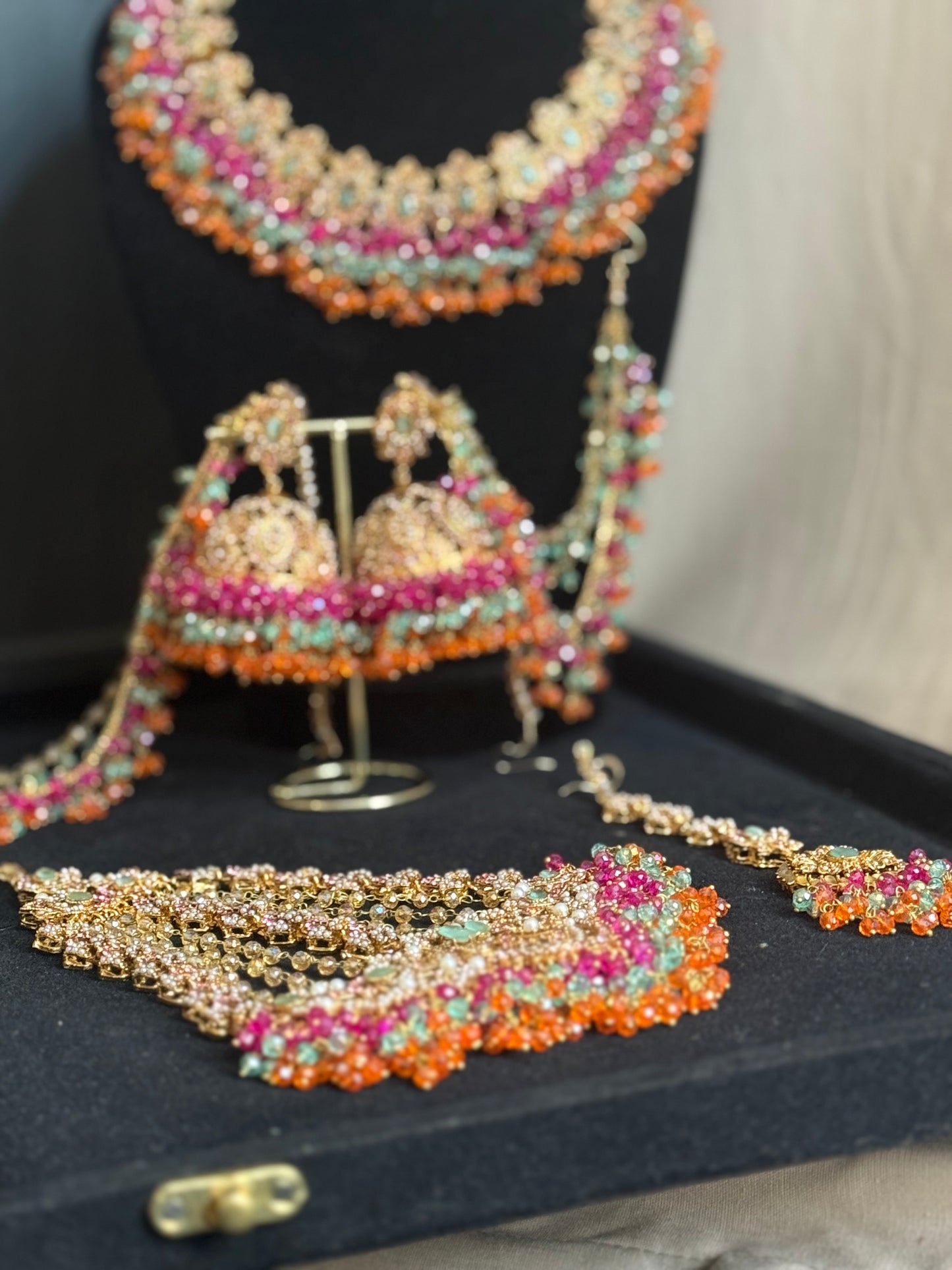 MAHROSH - Mehndi Bridal set includes: Necklace, Oversized Jhumar, Sahara Jhumke & Tikka | Customisation available