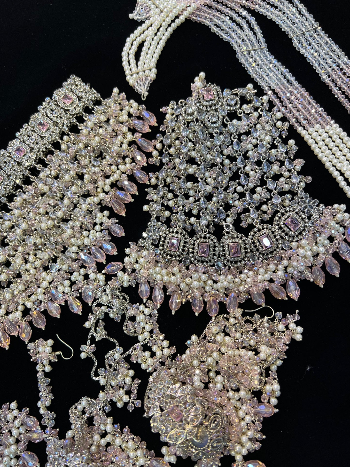 NISA - 5 Pieces set | Heavy Bridal set Inlcudes: Mala, Choker, Jhumar, Jhumke & Tikka | Baby pink on silver base