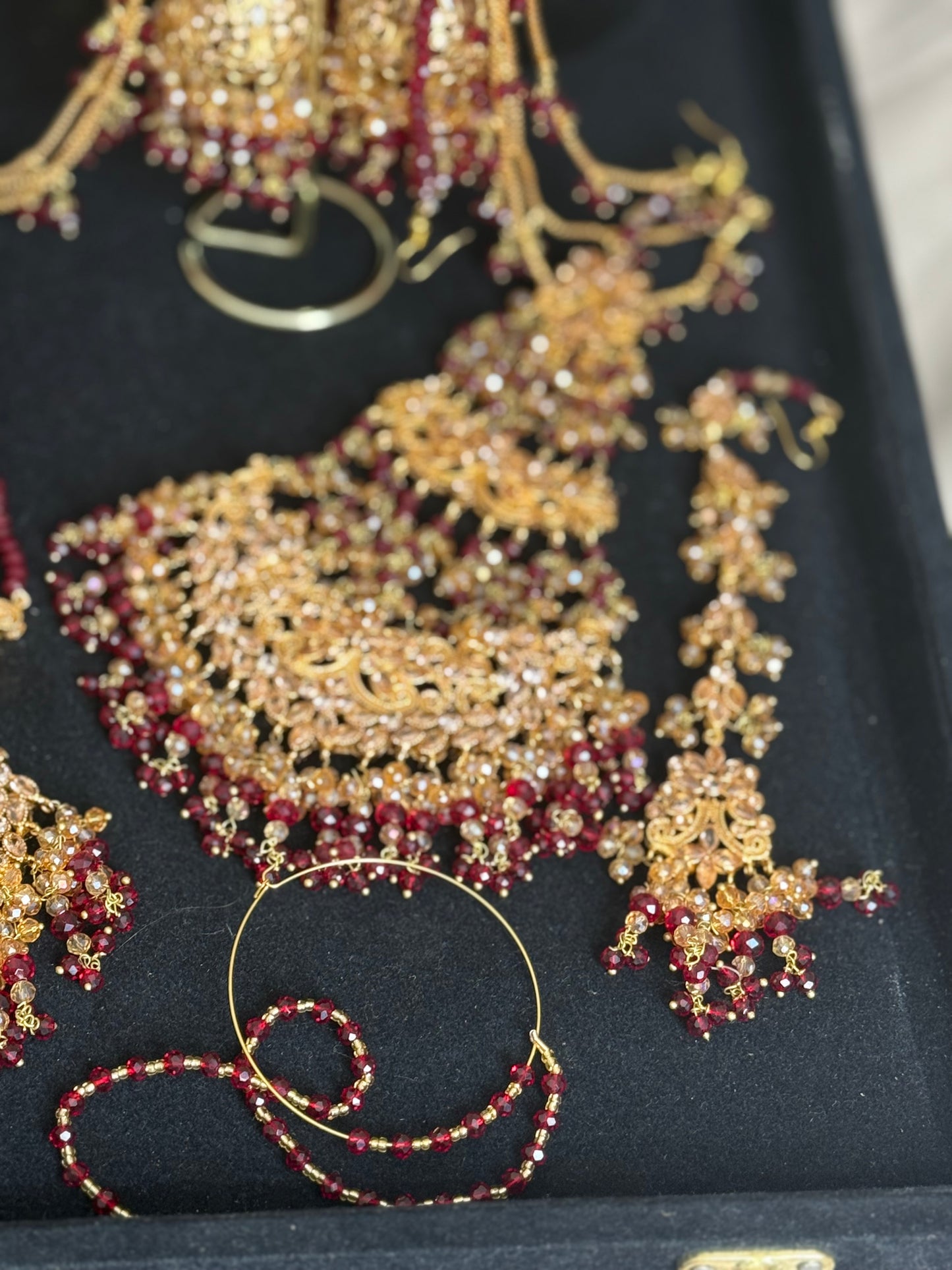 SANWAL - 6 Pieces set | includes: Mala, Necklace, Jhumar, Jhumke, Tikka & Nose ring | available in Maroon Gold colour