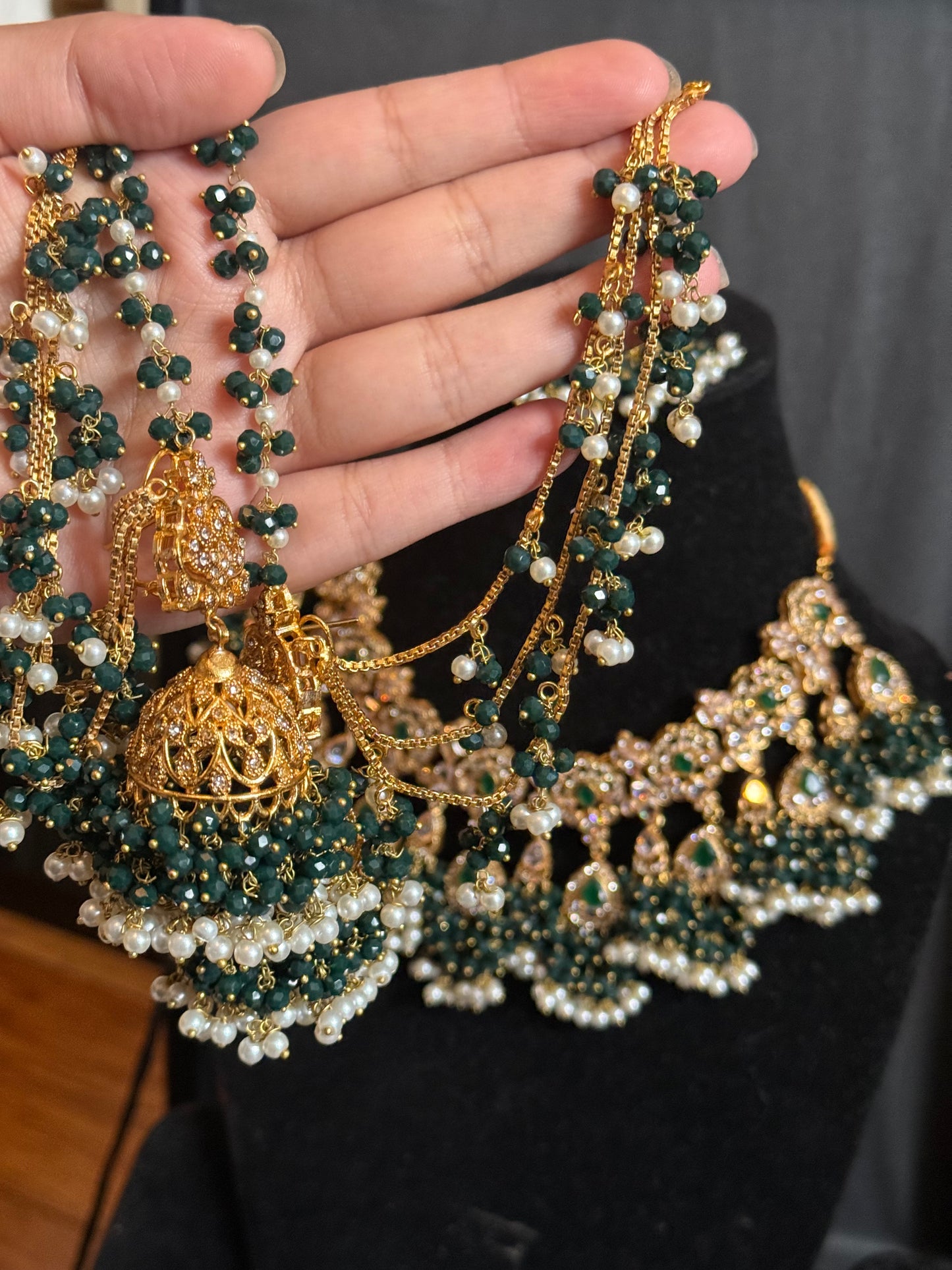AHLAM - Bridal set | includes Necklace with jhumke, jhumar & Tikka | available in 4 colours