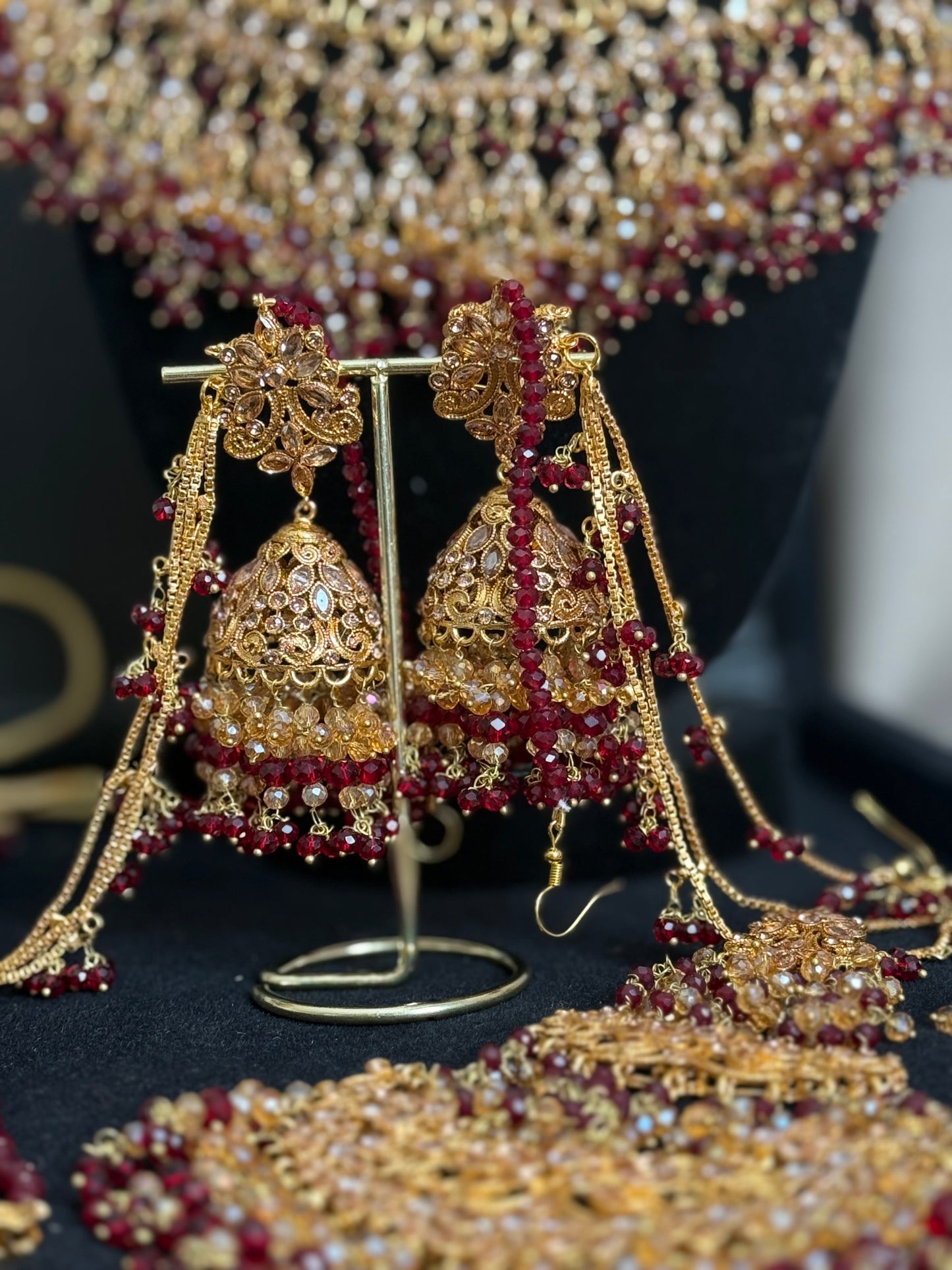 SANWAL - 6 Pieces set | includes: Mala, Necklace, Jhumar, Jhumke, Tikka & Nose ring | available in Maroon Gold colour