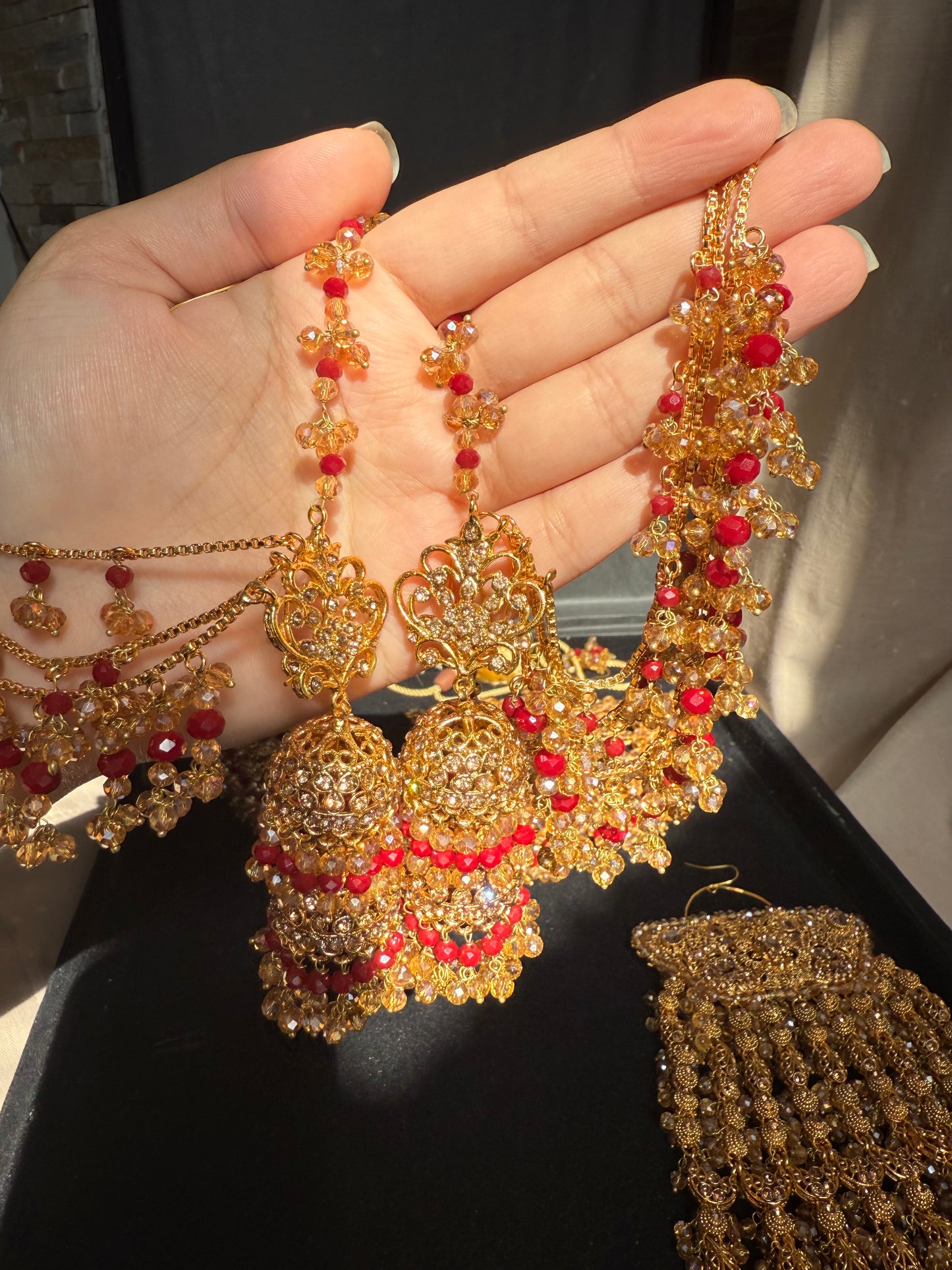 MEHMAL - Heavy Bridal set | includes: Necklace with jhumar, jhumke and Tikka | Red Bridal set