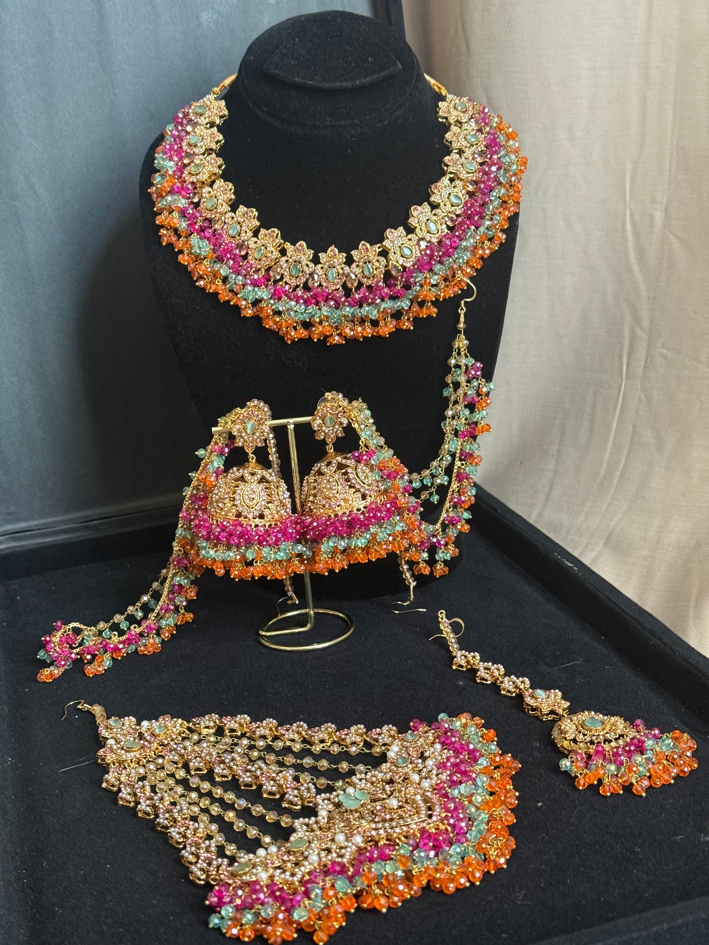 MAHROSH - Mehndi Bridal set includes: Necklace, Oversized Jhumar, Sahara Jhumke & Tikka | Customisation available