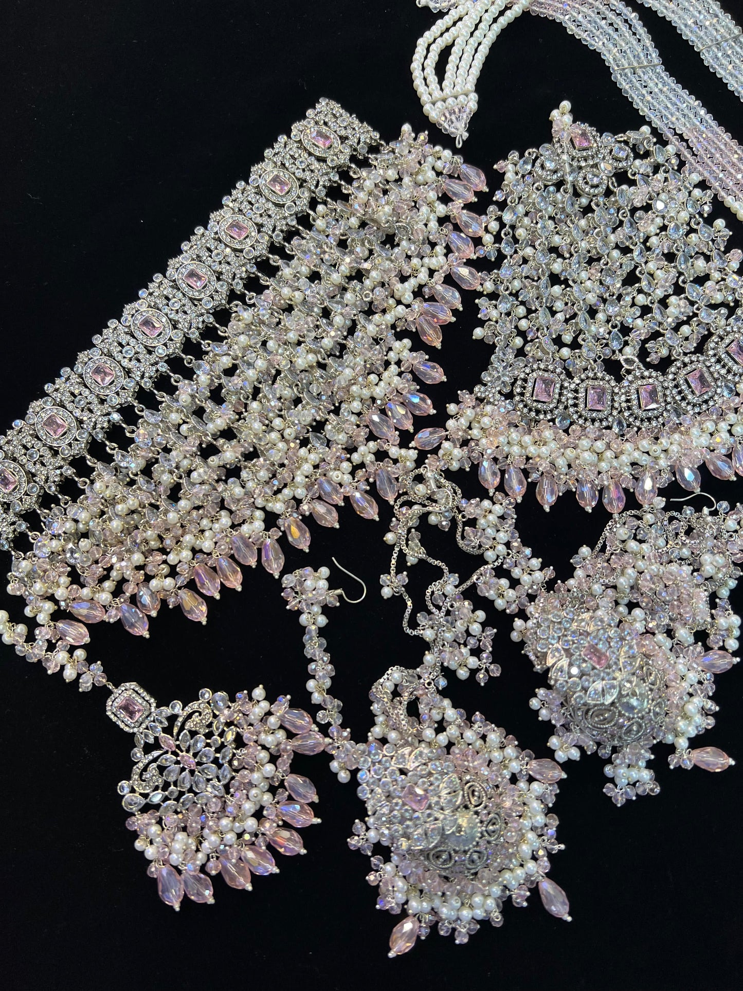 NISA - 5 Pieces set | Heavy Bridal set Inlcudes: Mala, Choker, Jhumar, Jhumke & Tikka | Baby pink on silver base