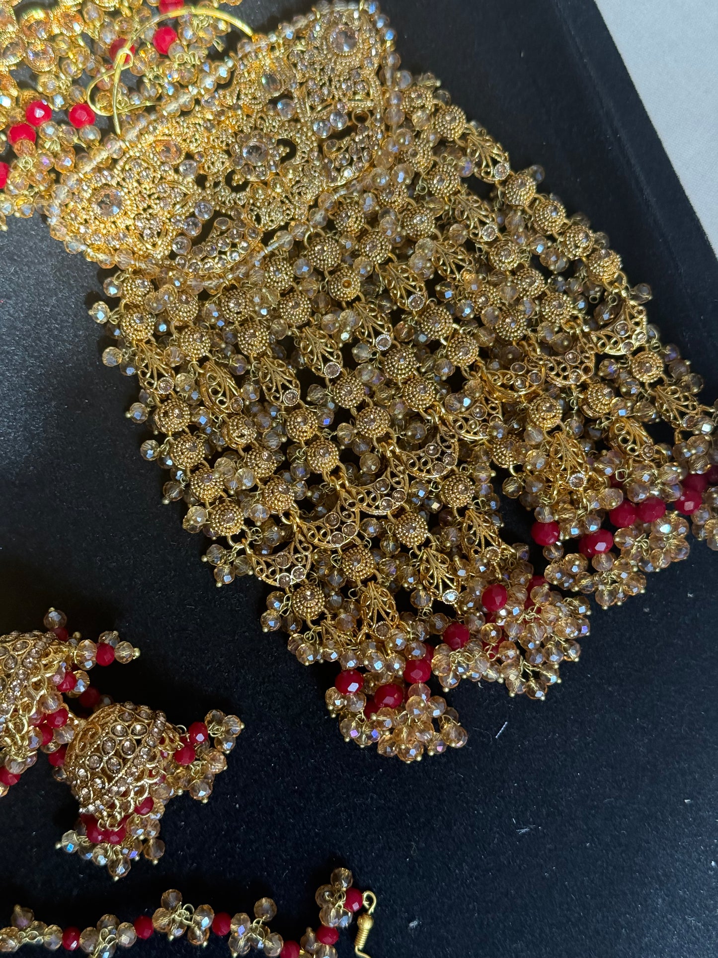 MEHMAL - Heavy Bridal set | includes: Necklace with jhumar, jhumke and Tikka | Red Bridal set