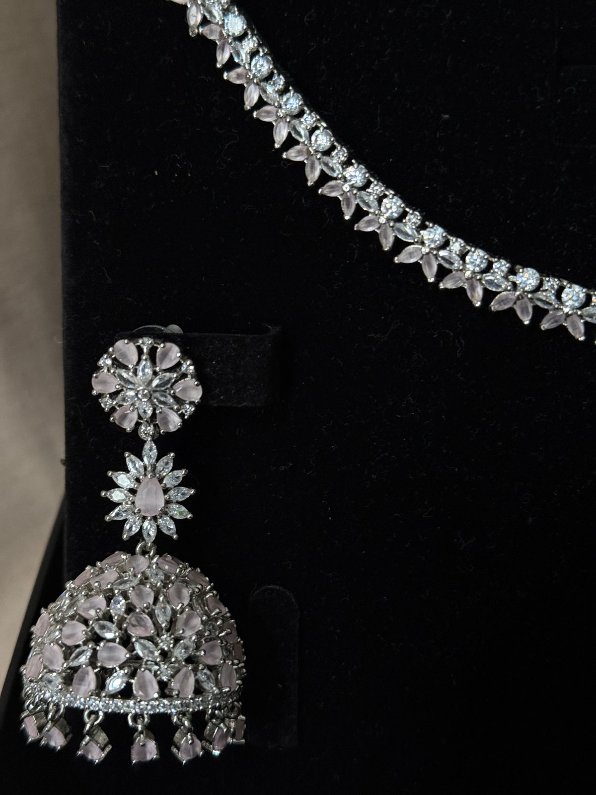 Baby pink AD necklace set with jhumke and tikka