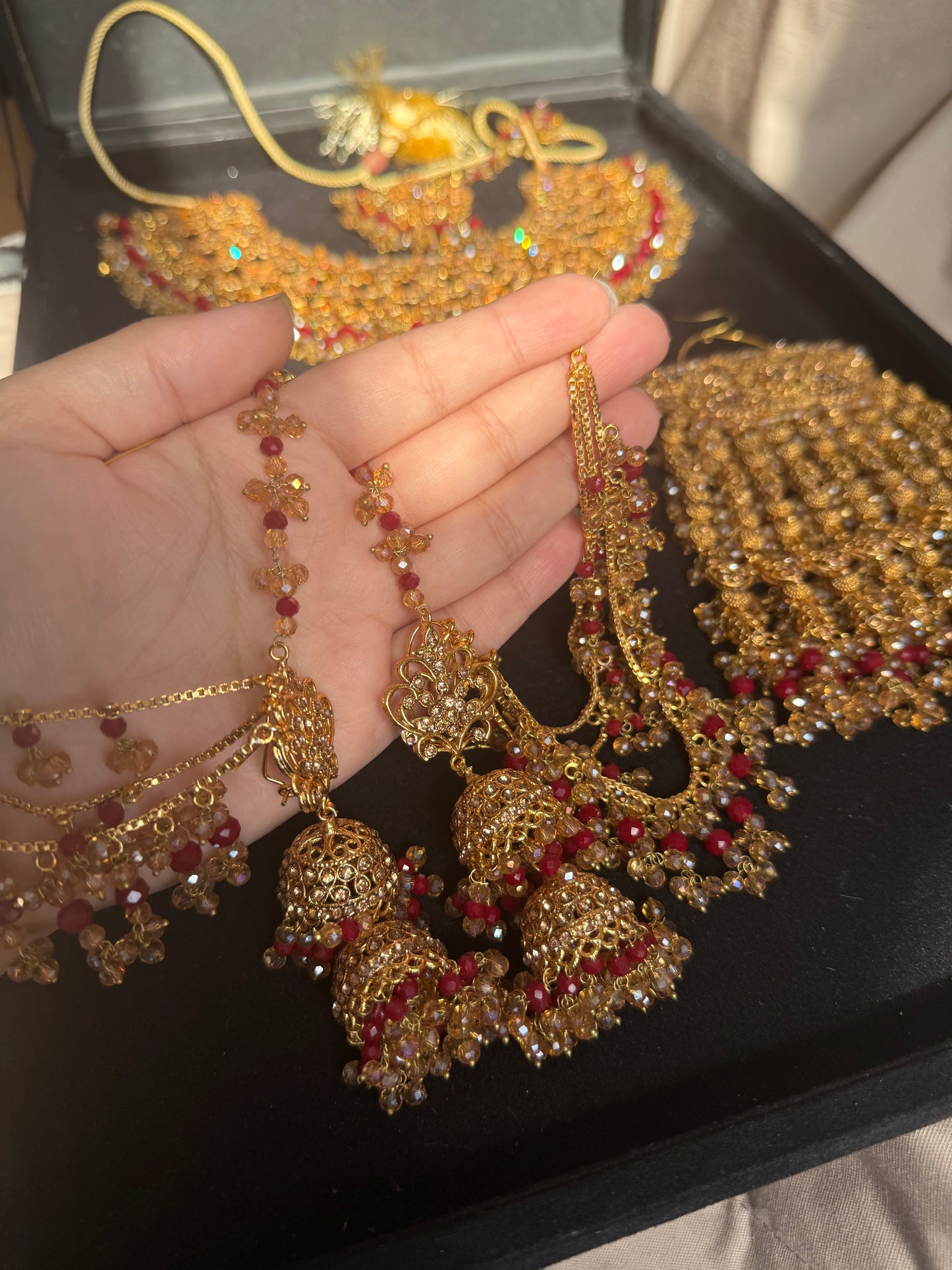 MEHMAL - Heavy Bridal set | includes: Necklace with jhumar, jhumke and Tikka | Red Bridal set
