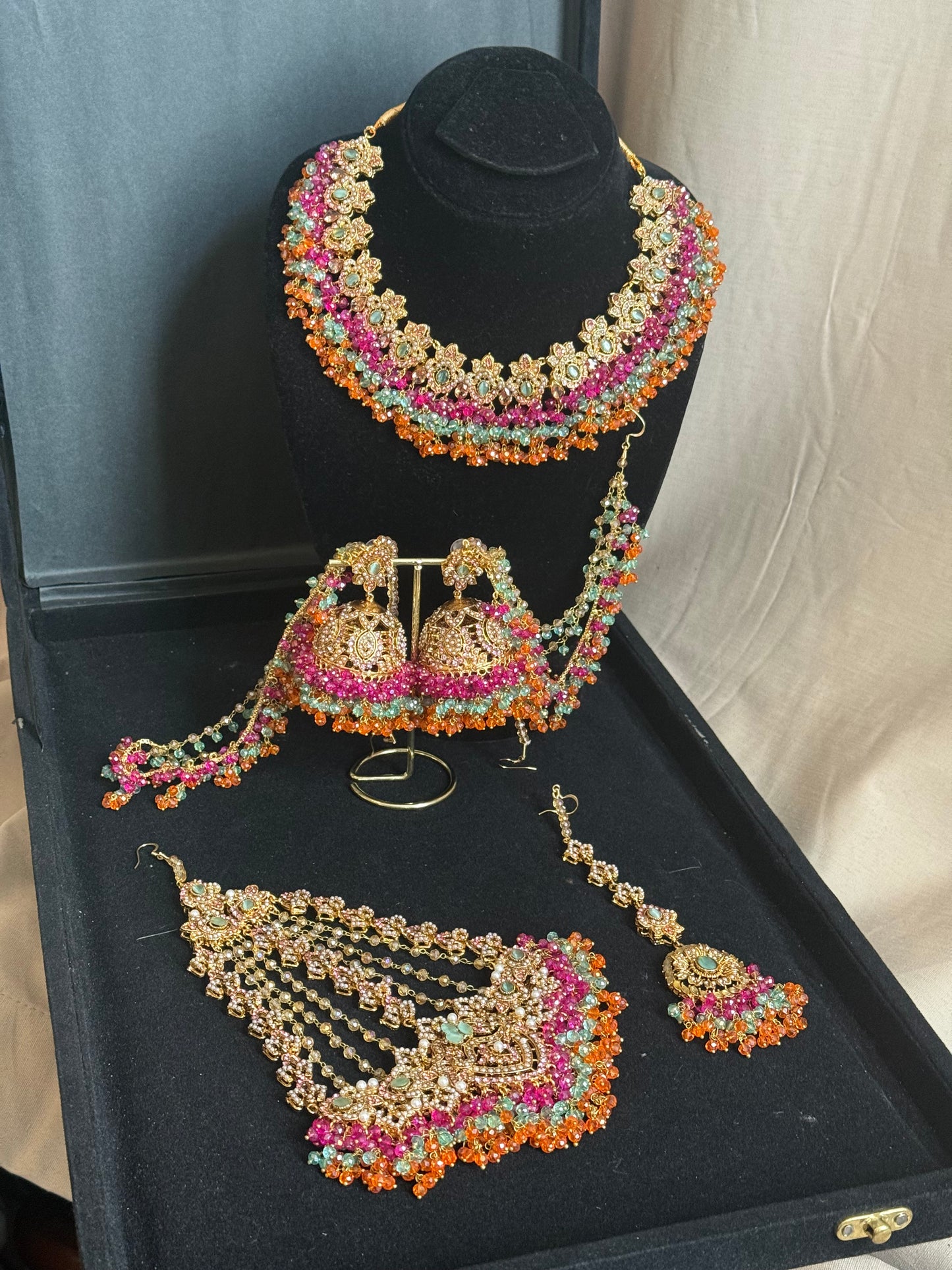 MAHROSH - Mehndi Bridal set includes: Necklace, Oversized Jhumar, Sahara Jhumke & Tikka | Customisation available