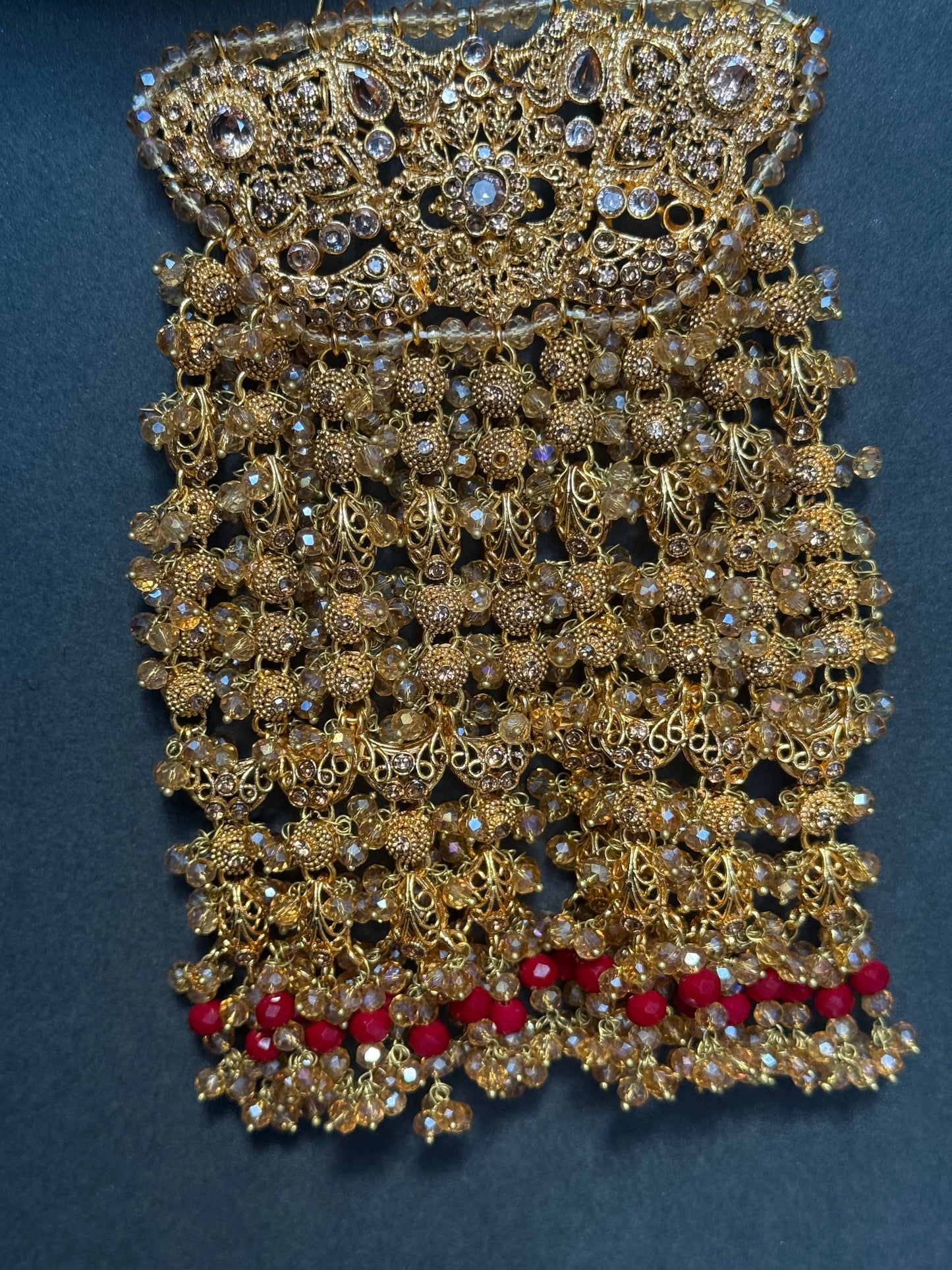 MEHMAL - Heavy Bridal set | includes: Necklace with jhumar, jhumke and Tikka | Red Bridal set