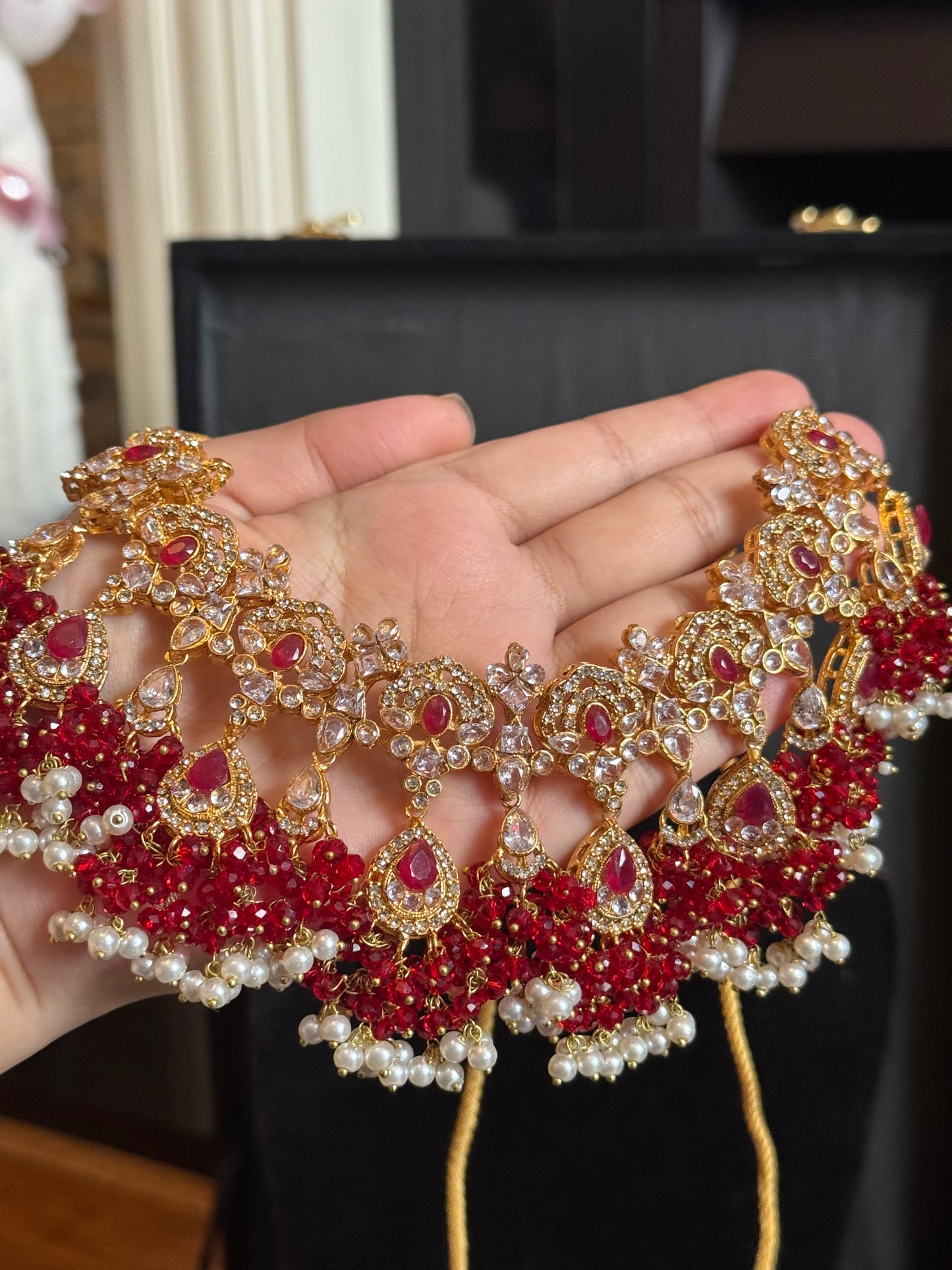AHLAM - Bridal set | includes Necklace with jhumke, jhumar & Tikka | available in 4 colours