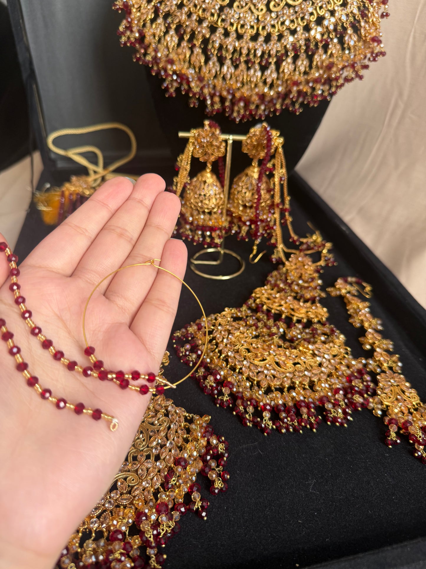 SANWAL - 6 Pieces set | includes: Mala, Necklace, Jhumar, Jhumke, Tikka & Nose ring | available in Maroon Gold colour