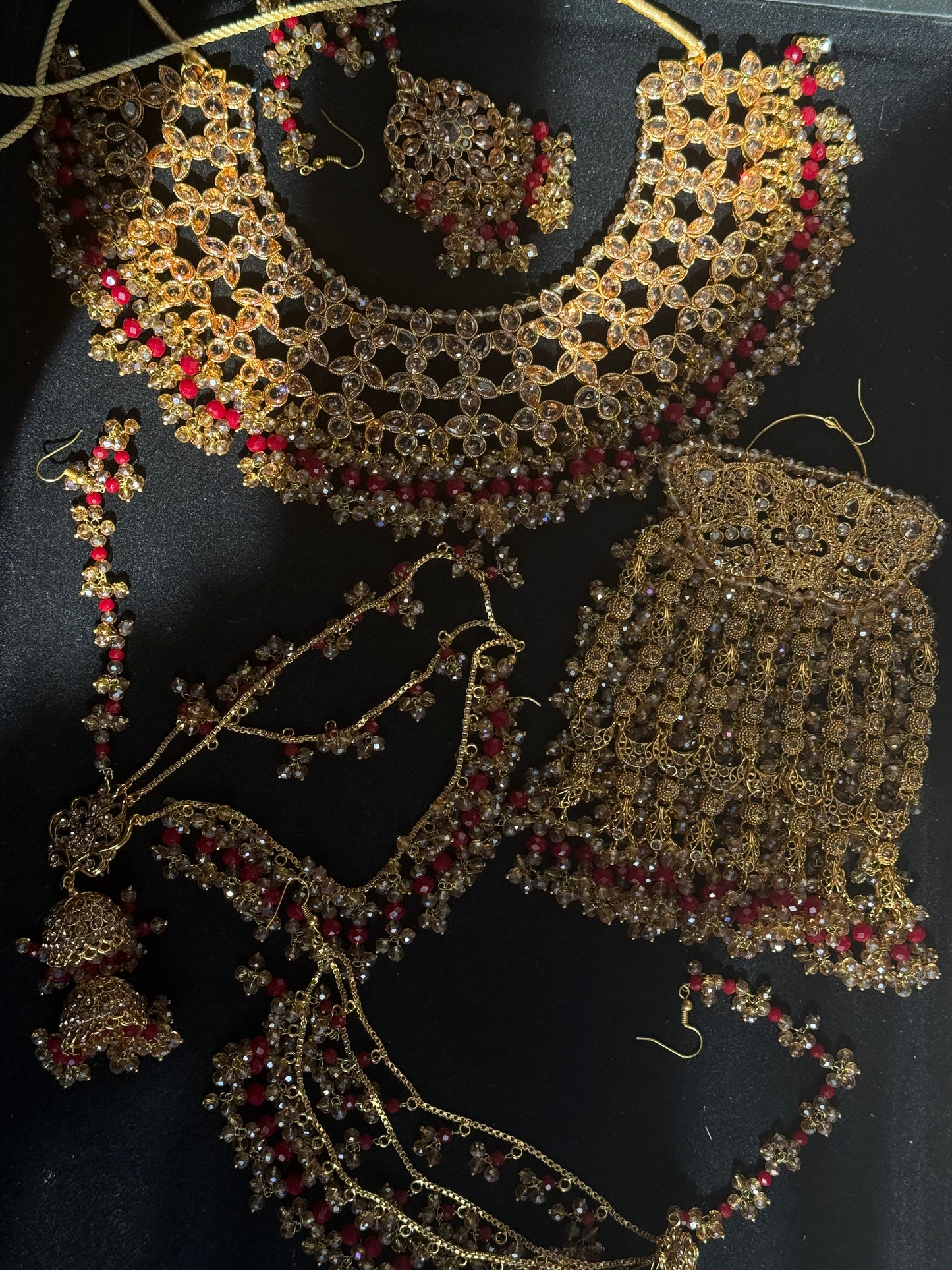 MEHMAL - Heavy Bridal set | includes: Necklace with jhumar, jhumke and Tikka | Red Bridal set