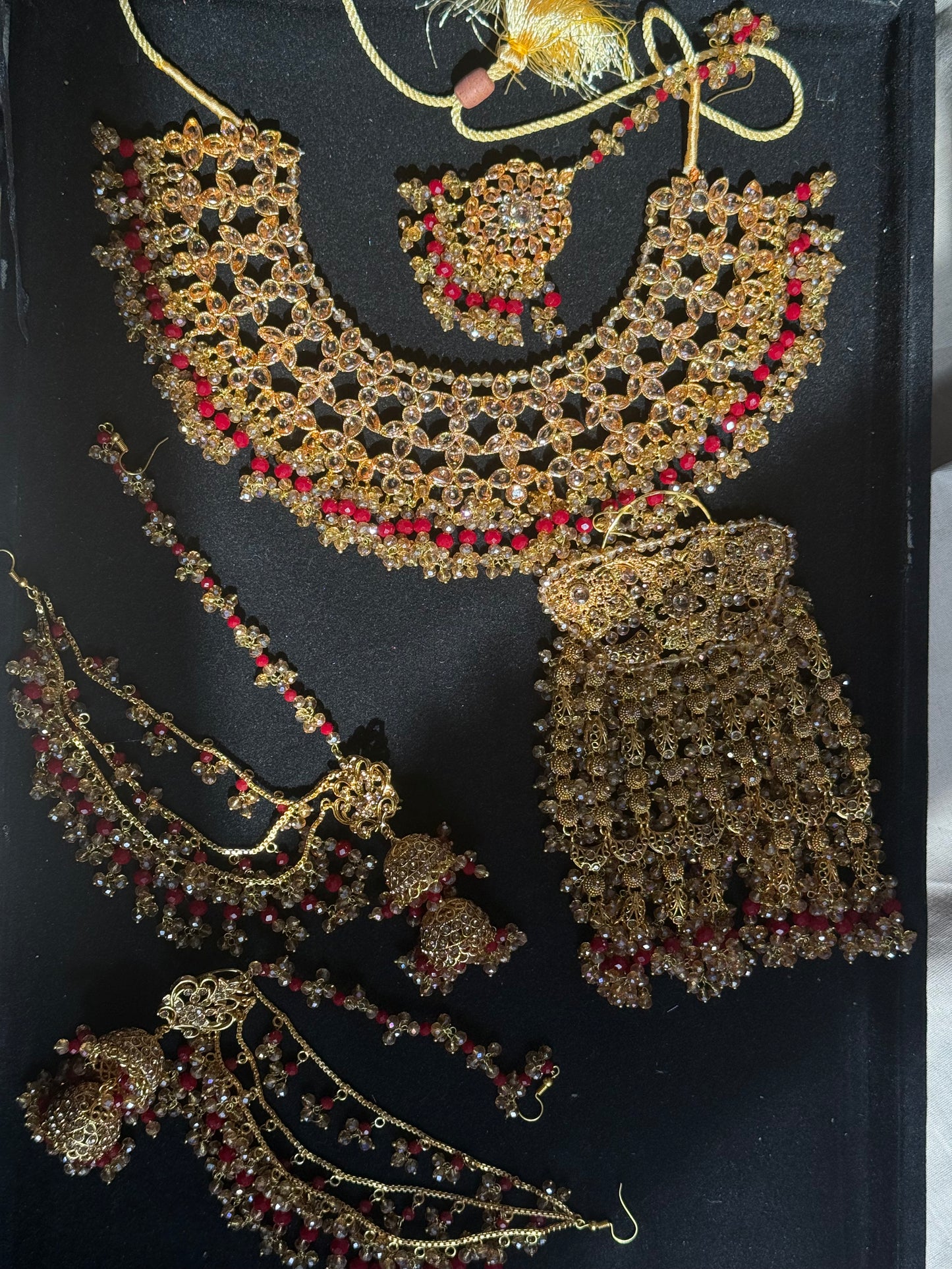 MEHMAL - Heavy Bridal set | includes: Necklace with jhumar, jhumke and Tikka | Red Bridal set
