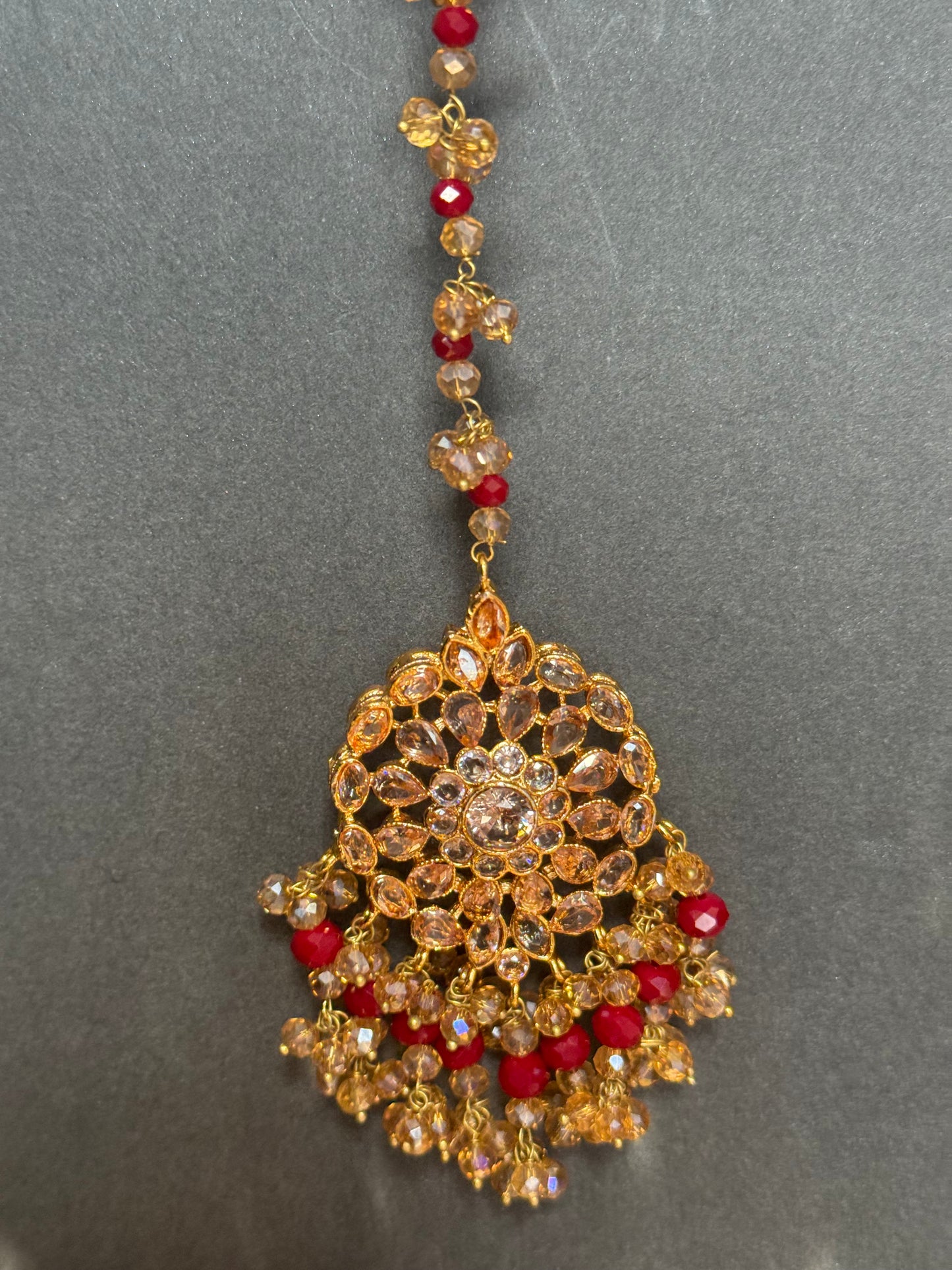 MEHMAL - Heavy Bridal set | includes: Necklace with jhumar, jhumke and Tikka | Red Bridal set