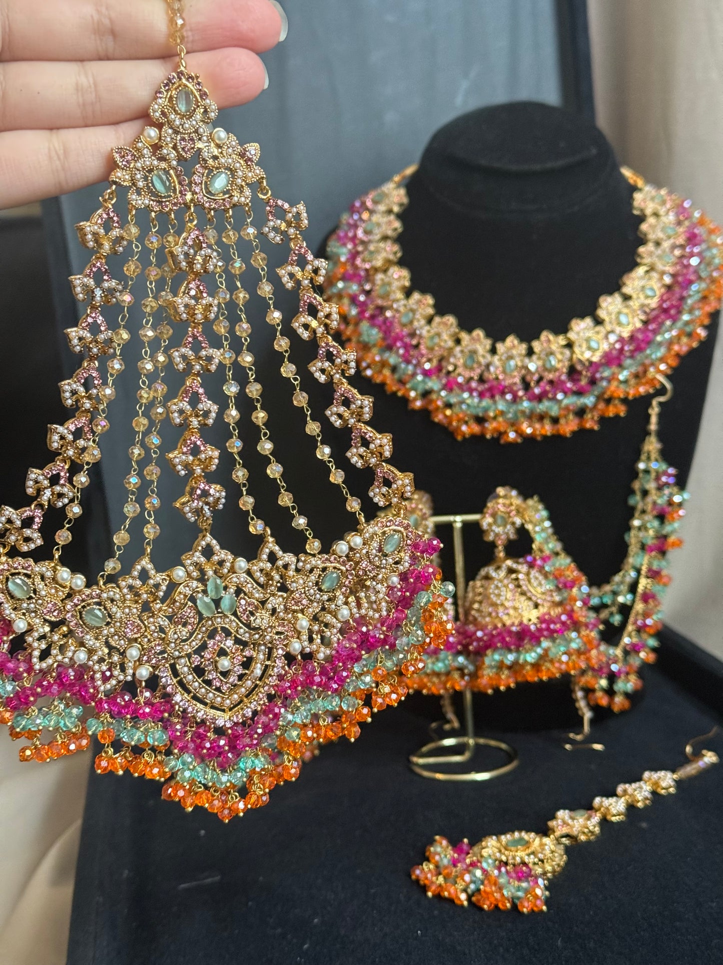 MAHROSH - Mehndi Bridal set includes: Necklace, Oversized Jhumar, Sahara Jhumke & Tikka | Customisation available