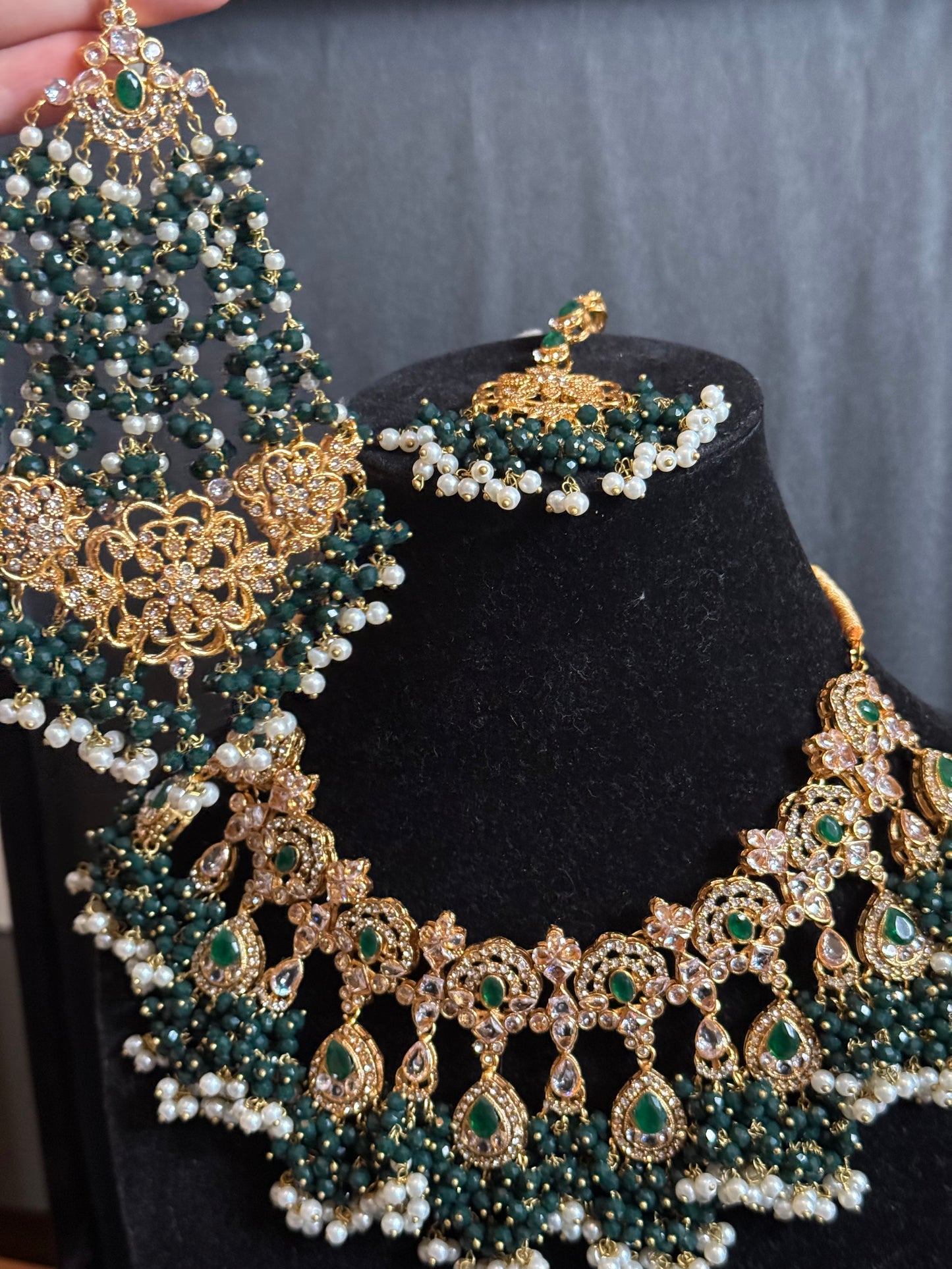 AHLAM - Bridal set | includes Necklace with jhumke, jhumar & Tikka | available in 4 colours