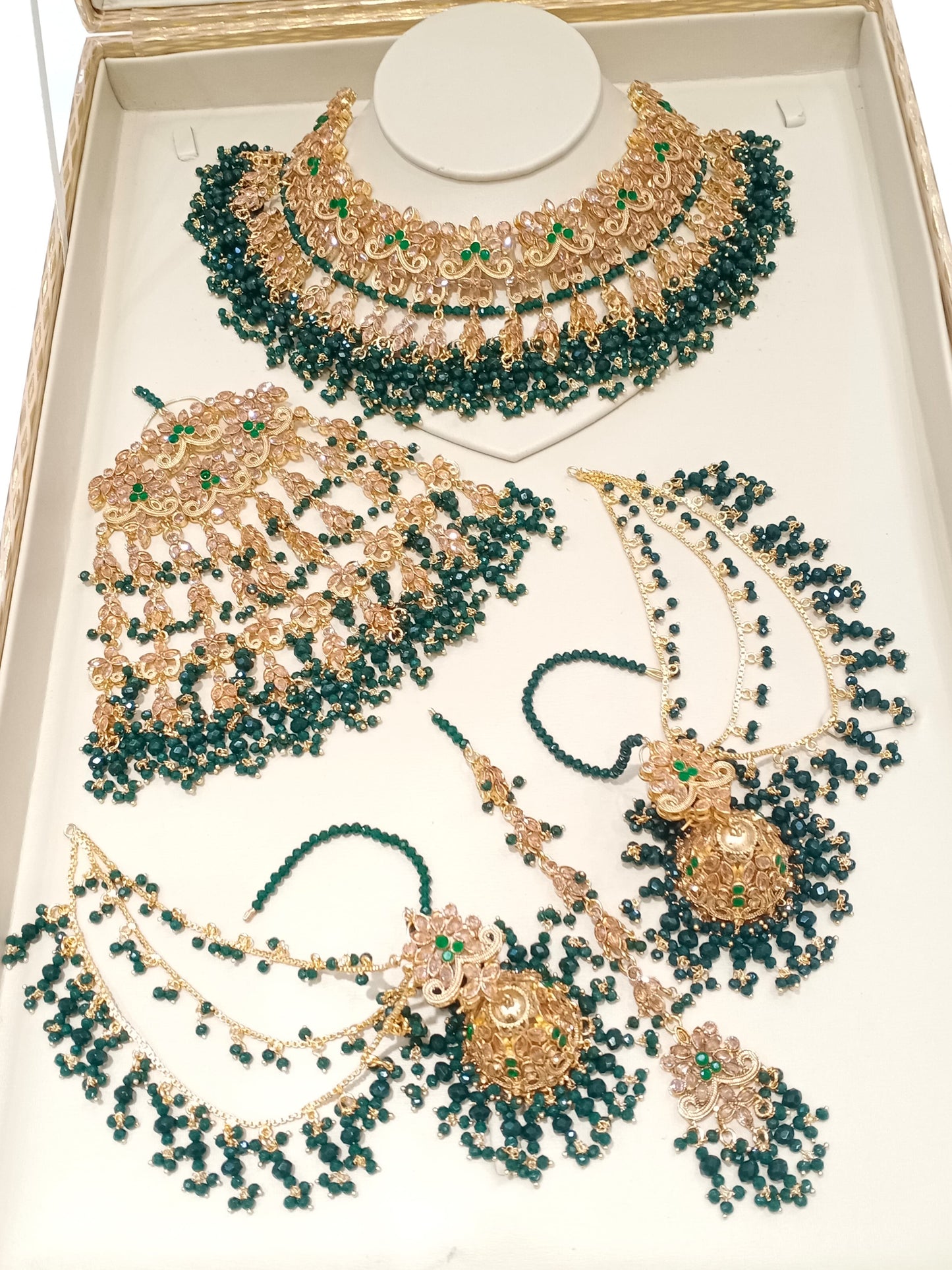 NUR - Heavy Bridal set includes: Necklace, Jhumar, Jhumke & Tikka | available in 3 Colours