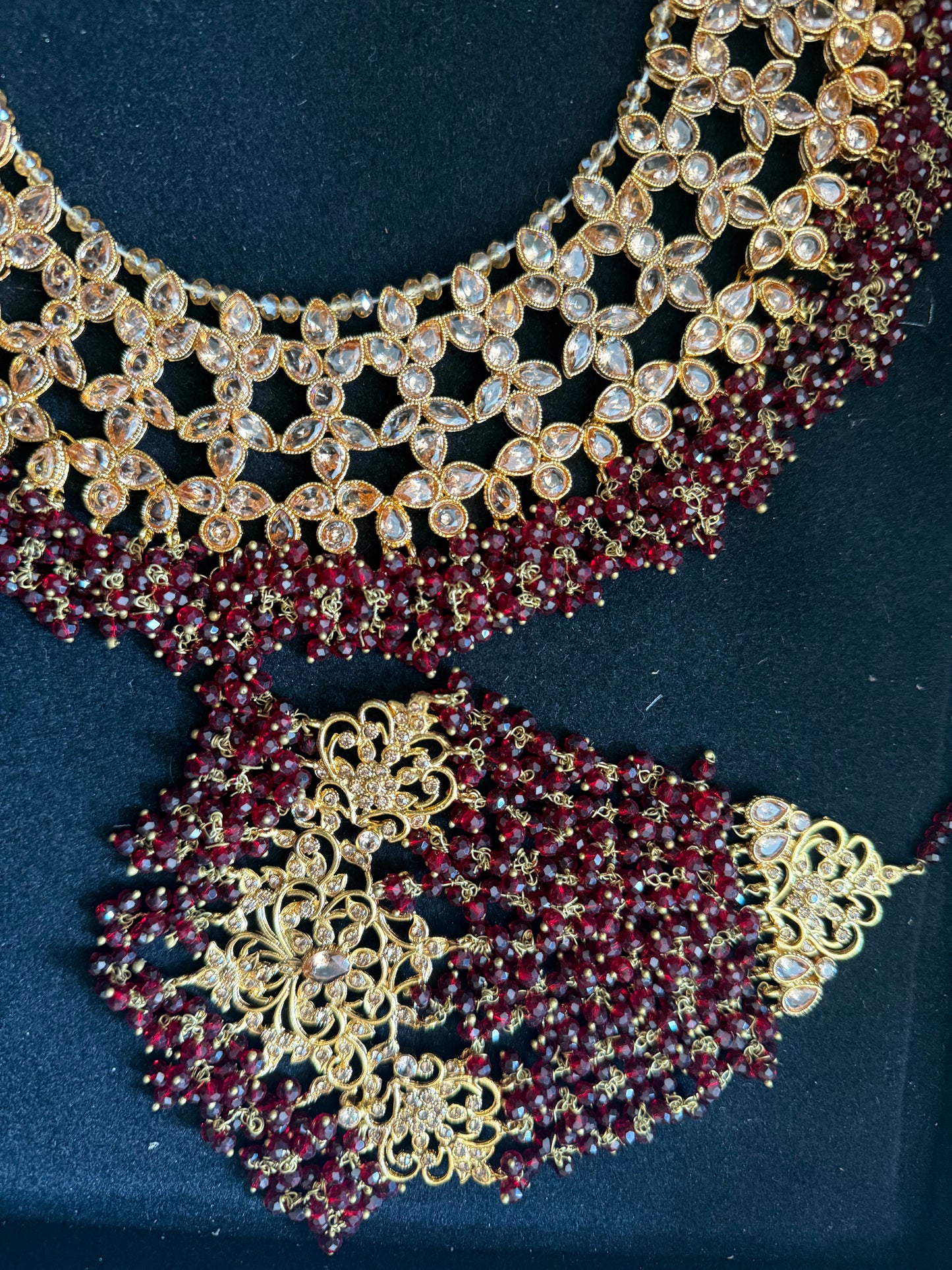 JANNAT - Heavy Bridal set | includes: choker, Necklace, jhumar, Jhumke and Tikka | Maroon colour available
