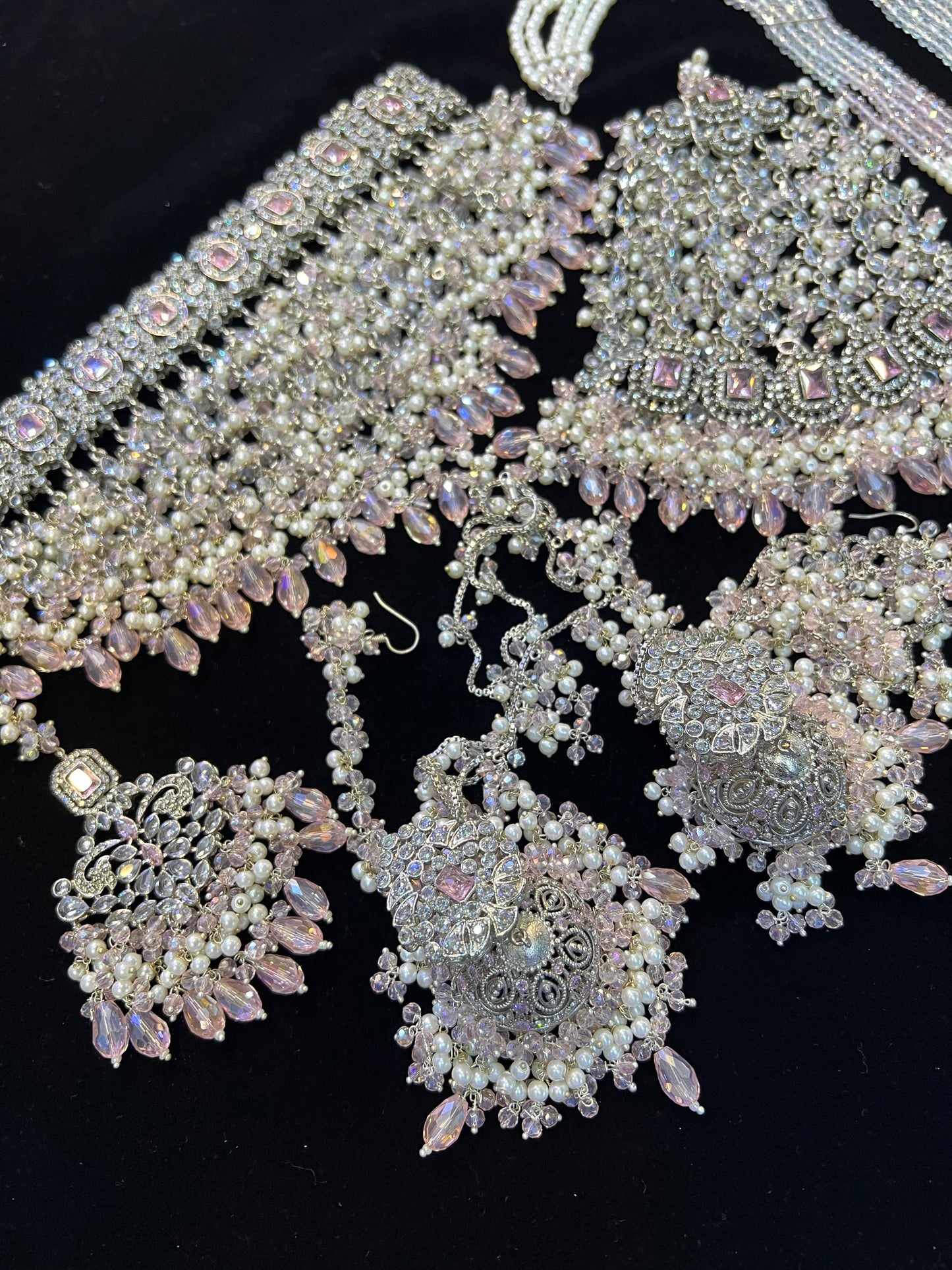 NISA - 5 Pieces set | Heavy Bridal set Inlcudes: Mala, Choker, Jhumar, Jhumke & Tikka | Baby pink on silver base