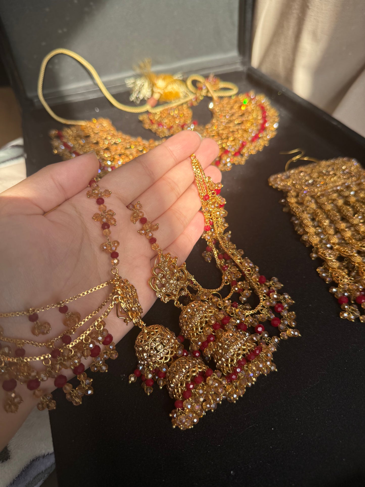 MEHMAL - Heavy Bridal set | includes: Necklace with jhumar, jhumke and Tikka | Red Bridal set