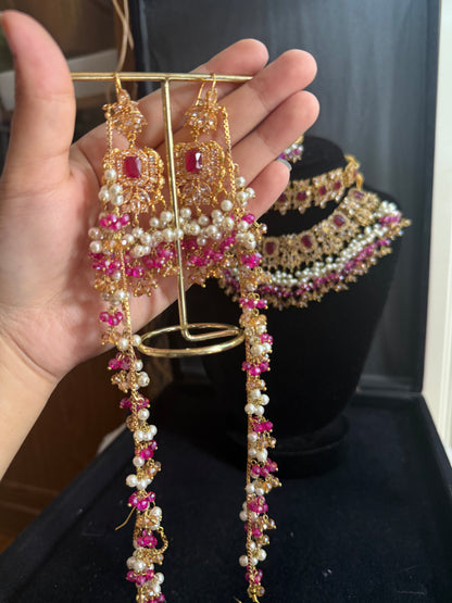NIDA - Heavy bridal set | includes: necklace, choker, jhumar, earrings, tikka and a hand piece (HOT PINK)
