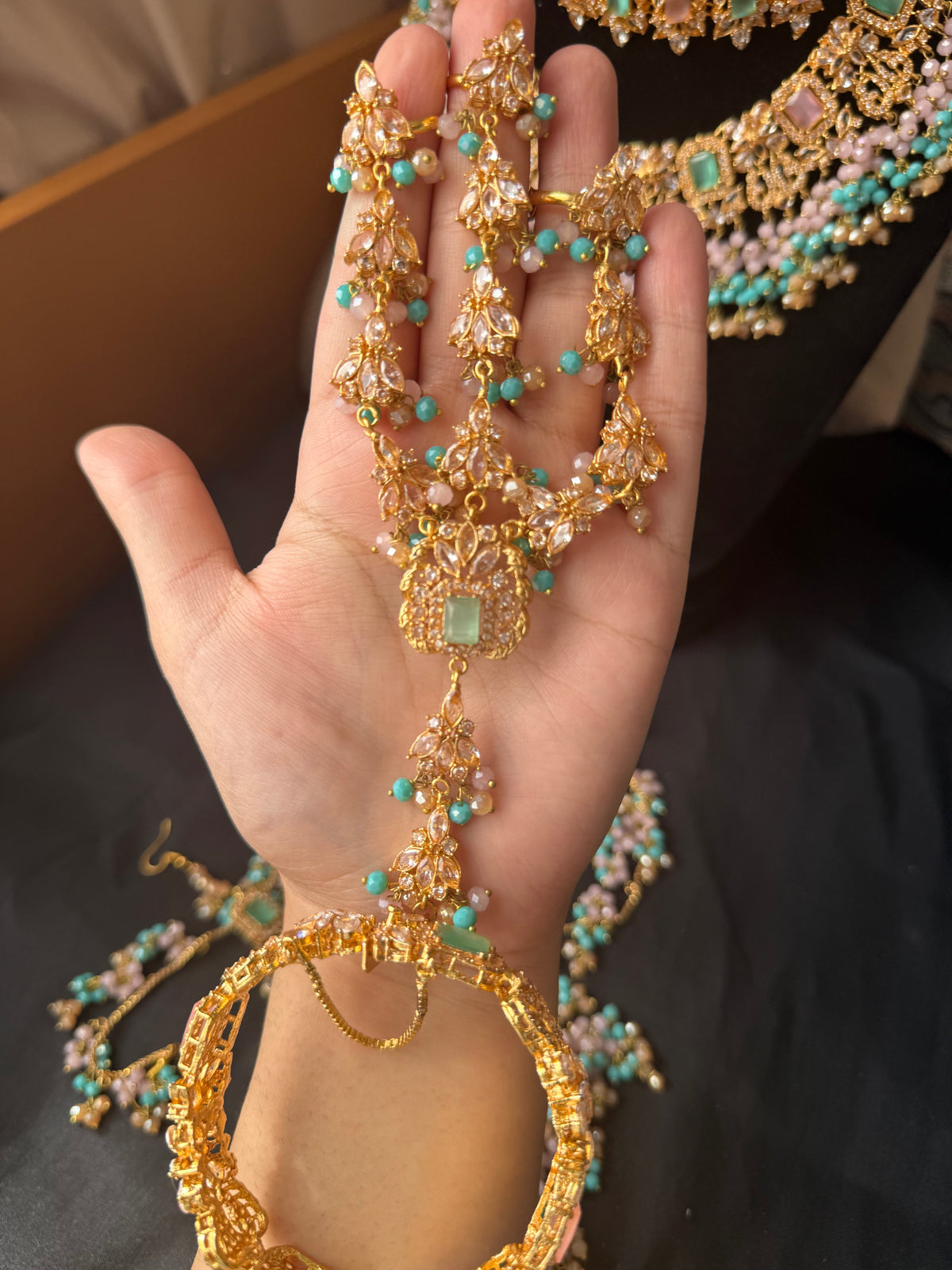 NIDA - Heavy bridal set | includes: necklace, choker, jhumar, earrings, tikka and a hand piece (light pink light blue)