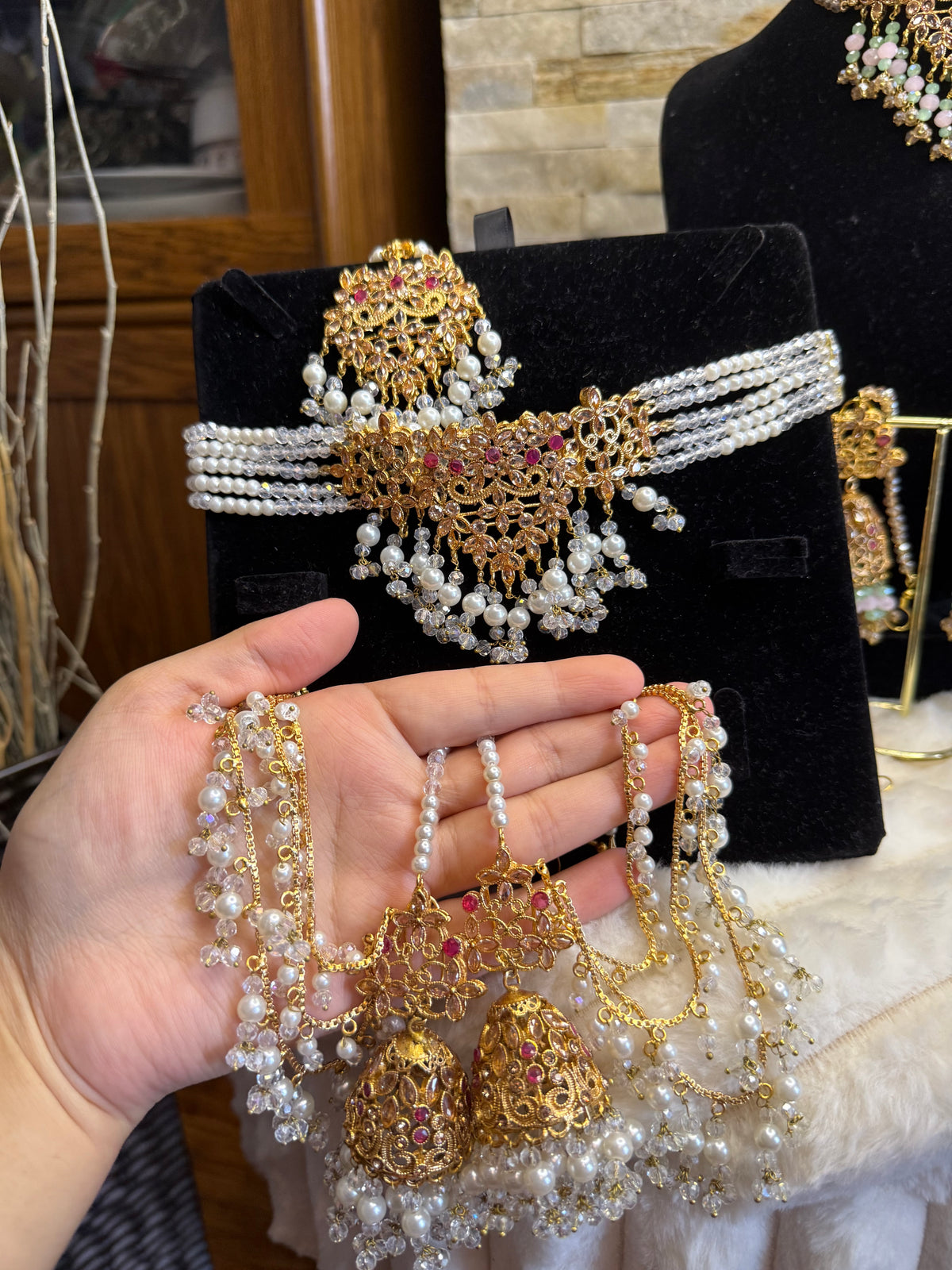 Afaf - Choker set with heavy Sahara jhumke and tikka | available in 25 colours