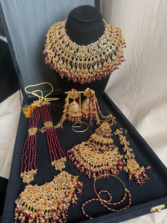 SANWAL - 6 Pieces set | includes: Mala, Necklace, Jhumar, Jhumke, Tikka & Nose ring | available in Maroon Gold colour