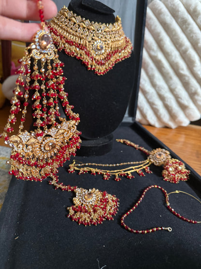KAINAT - Gold plated Bridal set | includes: necklace, jhumar, jhumke, tikka and nose ring! Pakistani bridal s