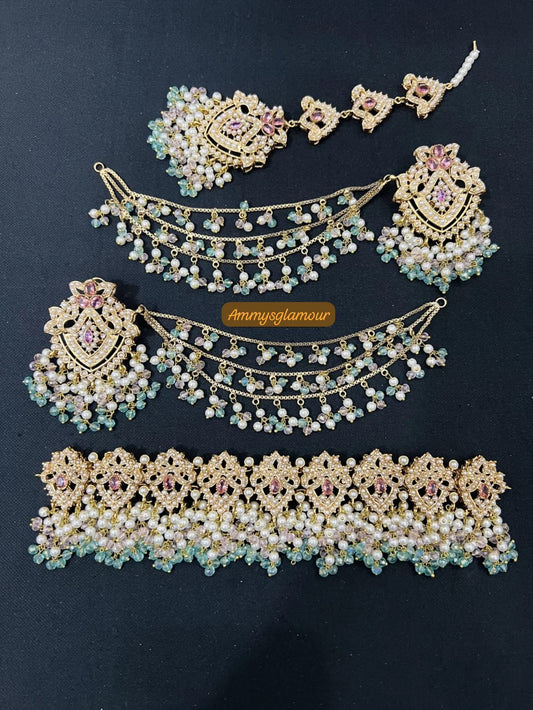 HAWA - Choker set with sahara earrings & tikka | mint baby pink combo