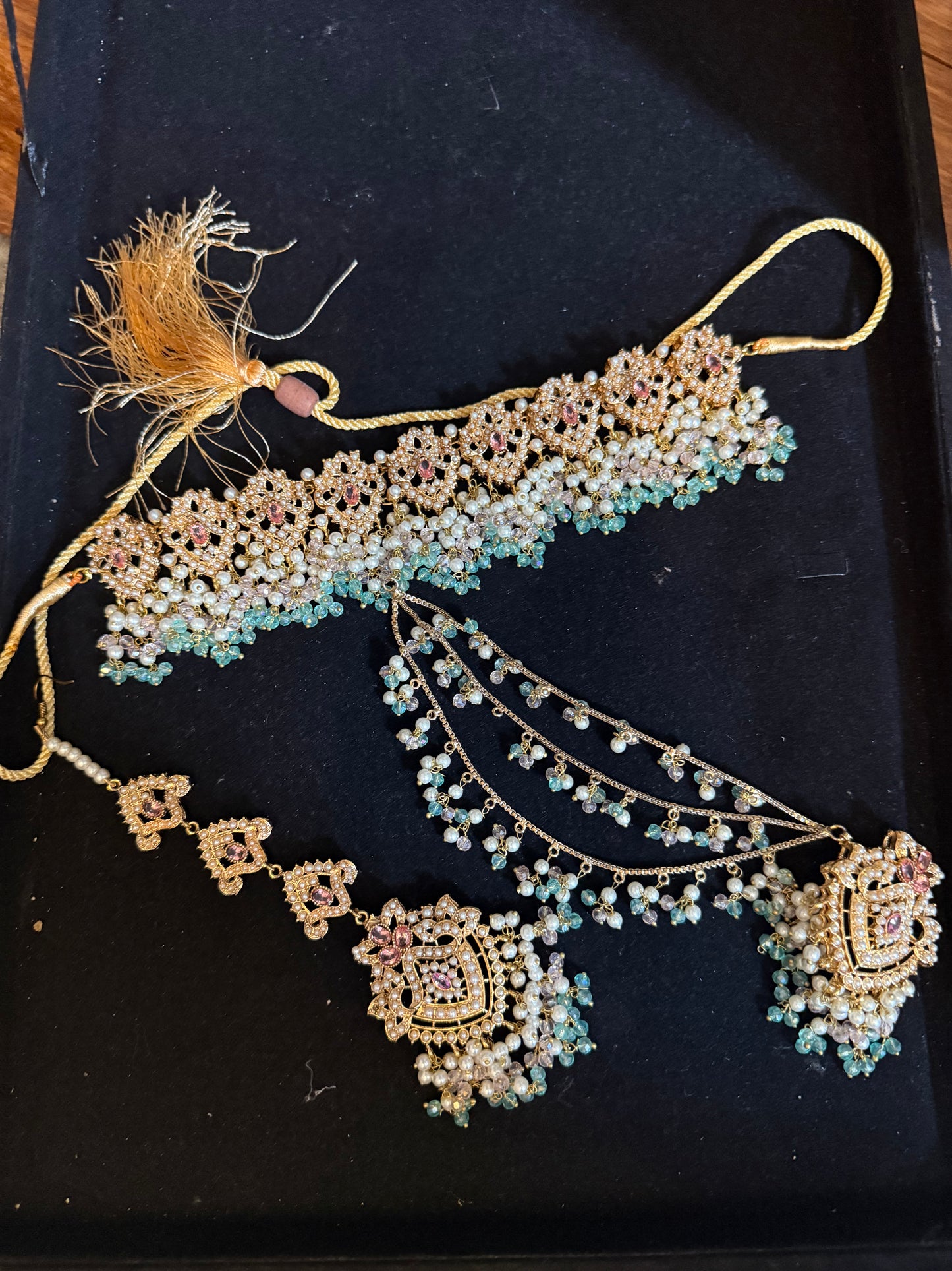 HAWA - Choker set with sahara earrings & tikka | mint baby pink combo
