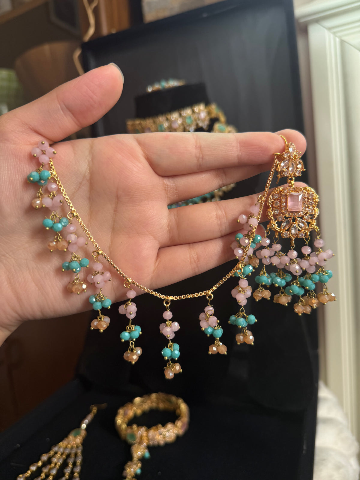 NIDA - Heavy bridal set | includes: necklace, choker, jhumar, earrings, tikka and a hand piece (light pink light blue)