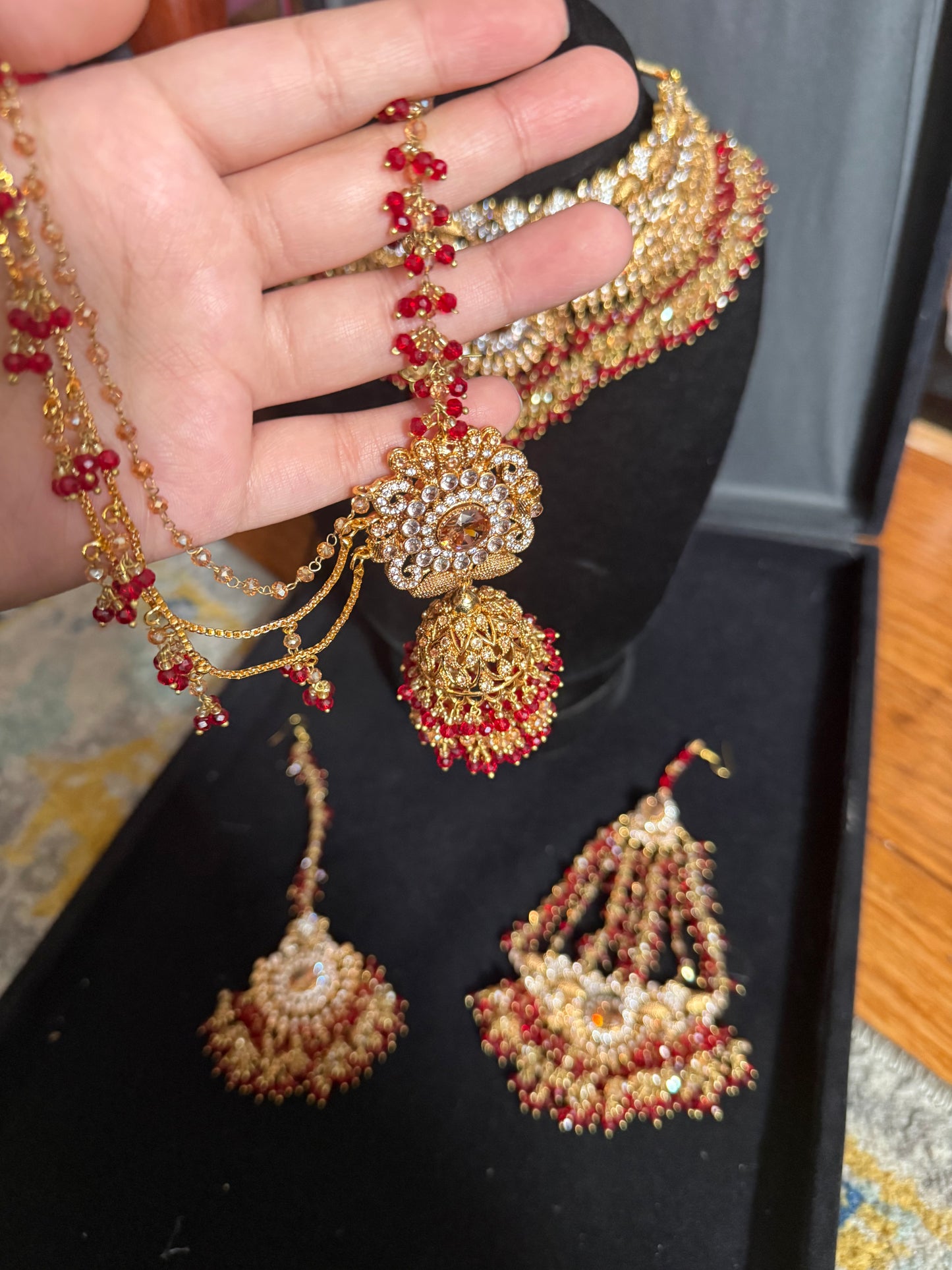 KAINAT - Gold plated Bridal set | includes: necklace, jhumar, jhumke, tikka and nose ring! Pakistani bridal s