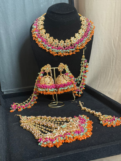 MAHROSH - Mehndi Bridal set includes: Necklace, Oversized Jhumar, Sahara Jhumke & Tikka | Customisation available