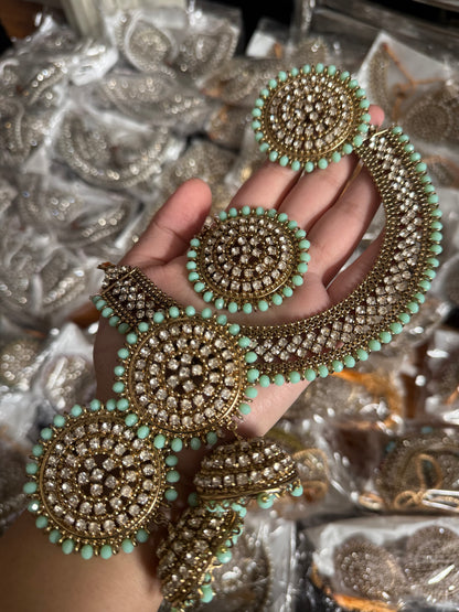 Naira - 4 pieces Necklace set | 12 colours available | necklace with ring, jhumke and tikka