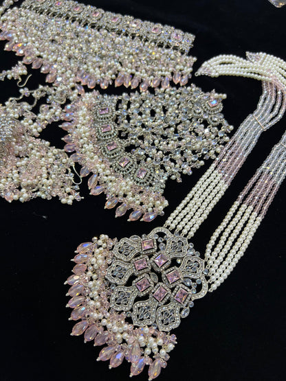NISA - 5 Pieces set | Heavy Bridal set Inlcudes: Mala, Choker, Jhumar, Jhumke & Tikka | Baby pink on silver base