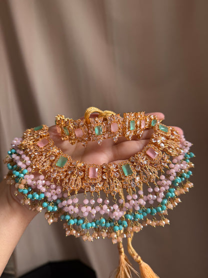 NIDA - Heavy bridal set | includes: necklace, choker, jhumar, earrings, tikka and a hand piece (light pink light blue)