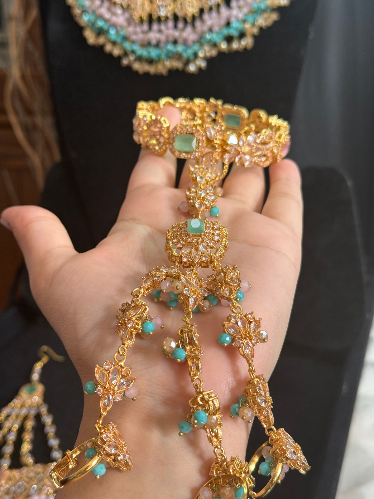 NIDA - Heavy bridal set | includes: necklace, choker, jhumar, earrings, tikka and a hand piece (light pink light blue)
