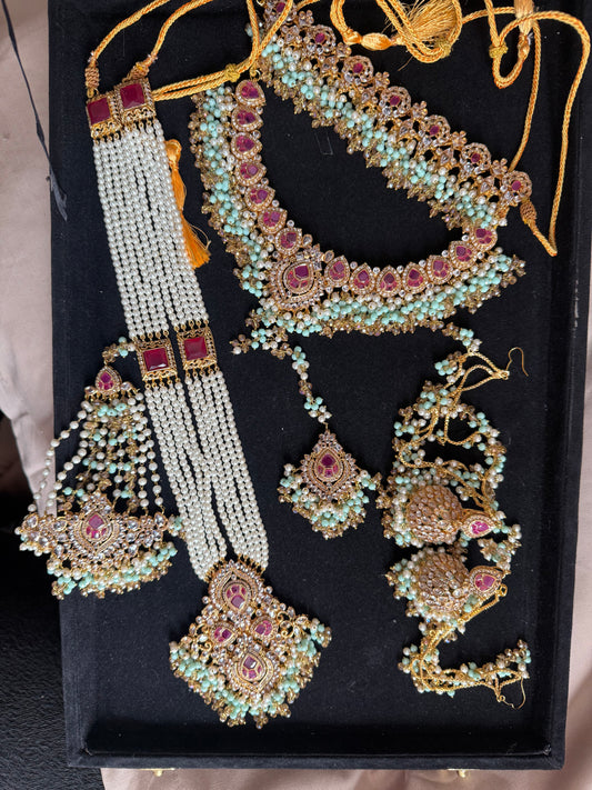 AMIRA - 6 pieces Bridal set | includes Mala, Necklace, Choker, Jhumar, Jhumke & Tikka | Colours available