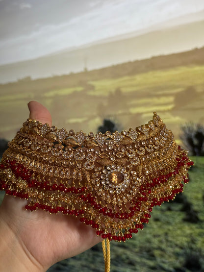 KAINAT - Gold plated Bridal set | includes: necklace, jhumar, jhumke, tikka and nose ring! Pakistani bridal s