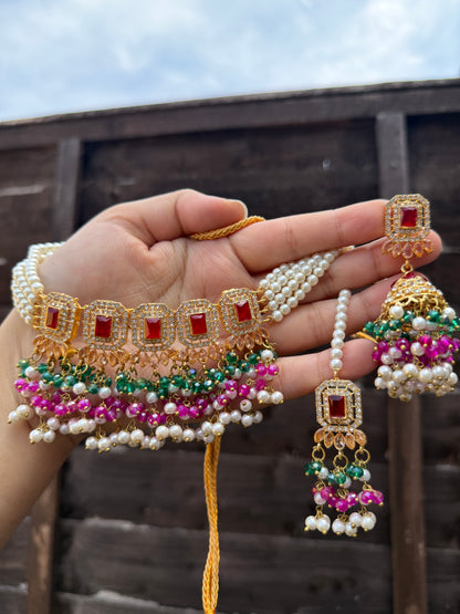 ALAYA - 30 colours available | Choker set with Jhumke and tikka