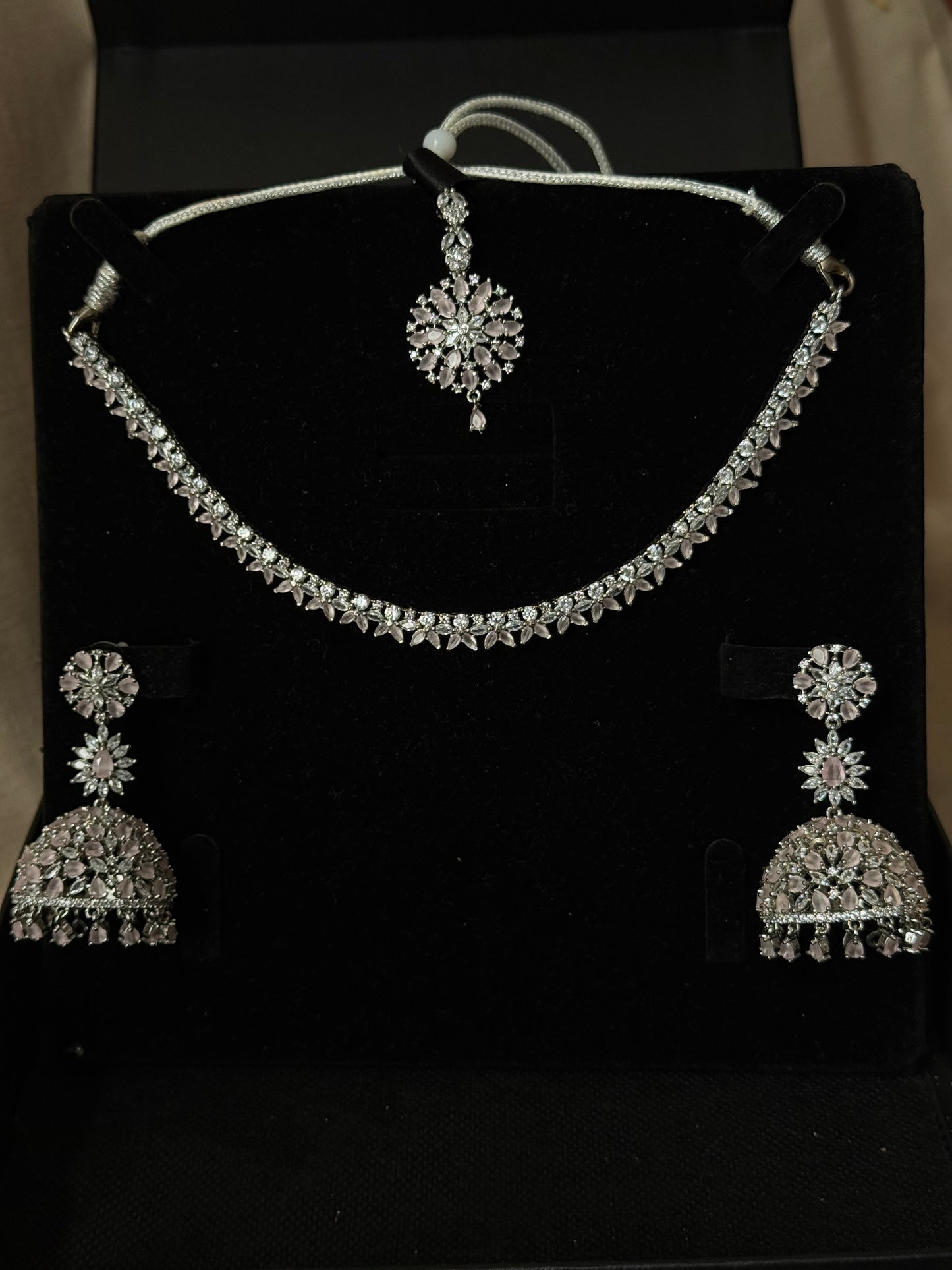 Baby pink AD necklace set with jhumke and tikka